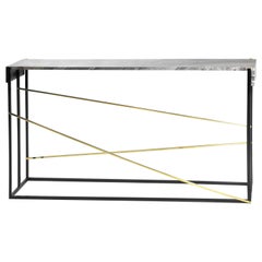 Jeffery Console Table in Blackened Steel, Brass and Waterfall Marble Detail