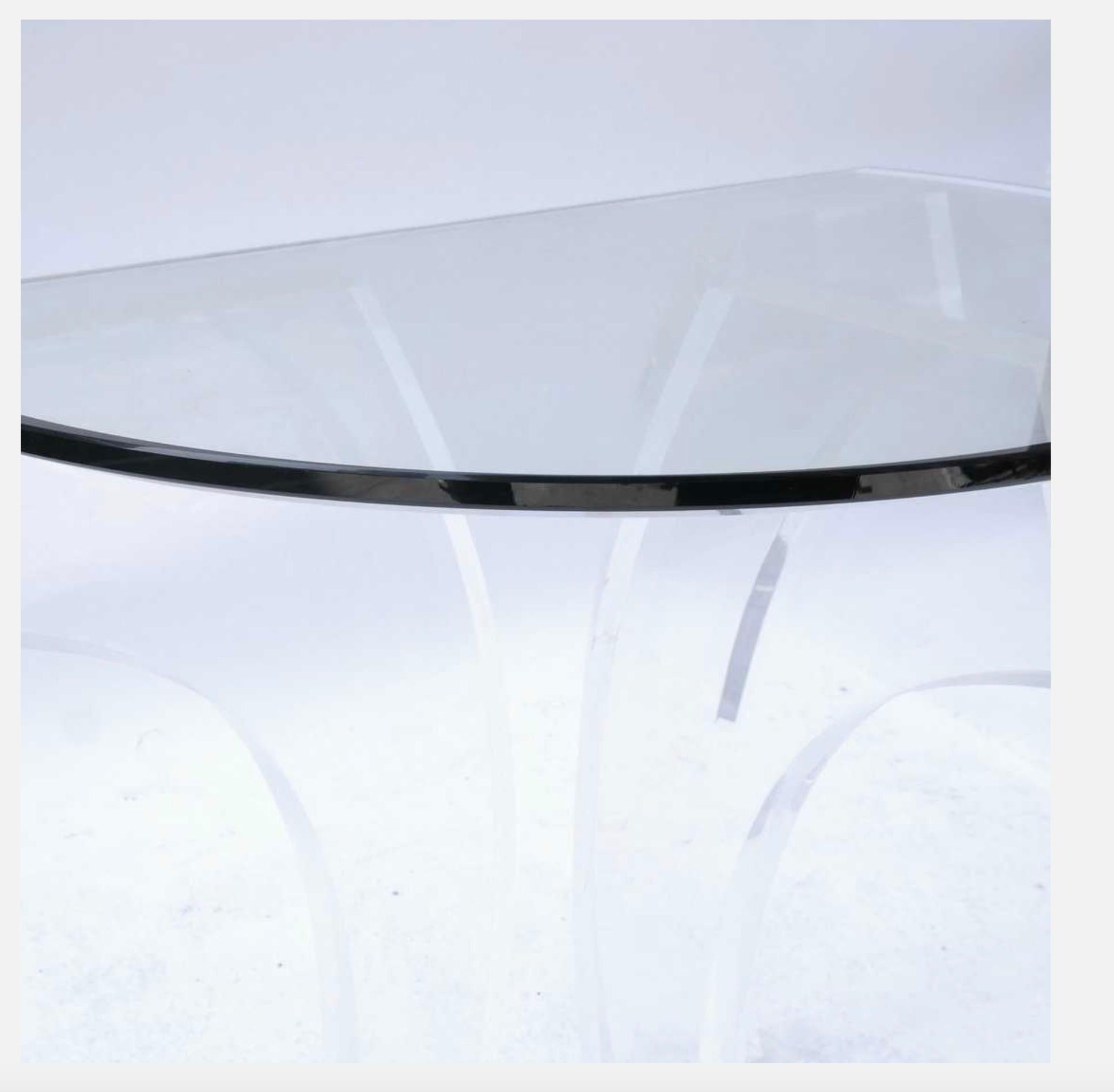 Glass Jeffrey Bigelow Clear Lucite Pair of Demilune Console Tables Signed Dated 1978 For Sale