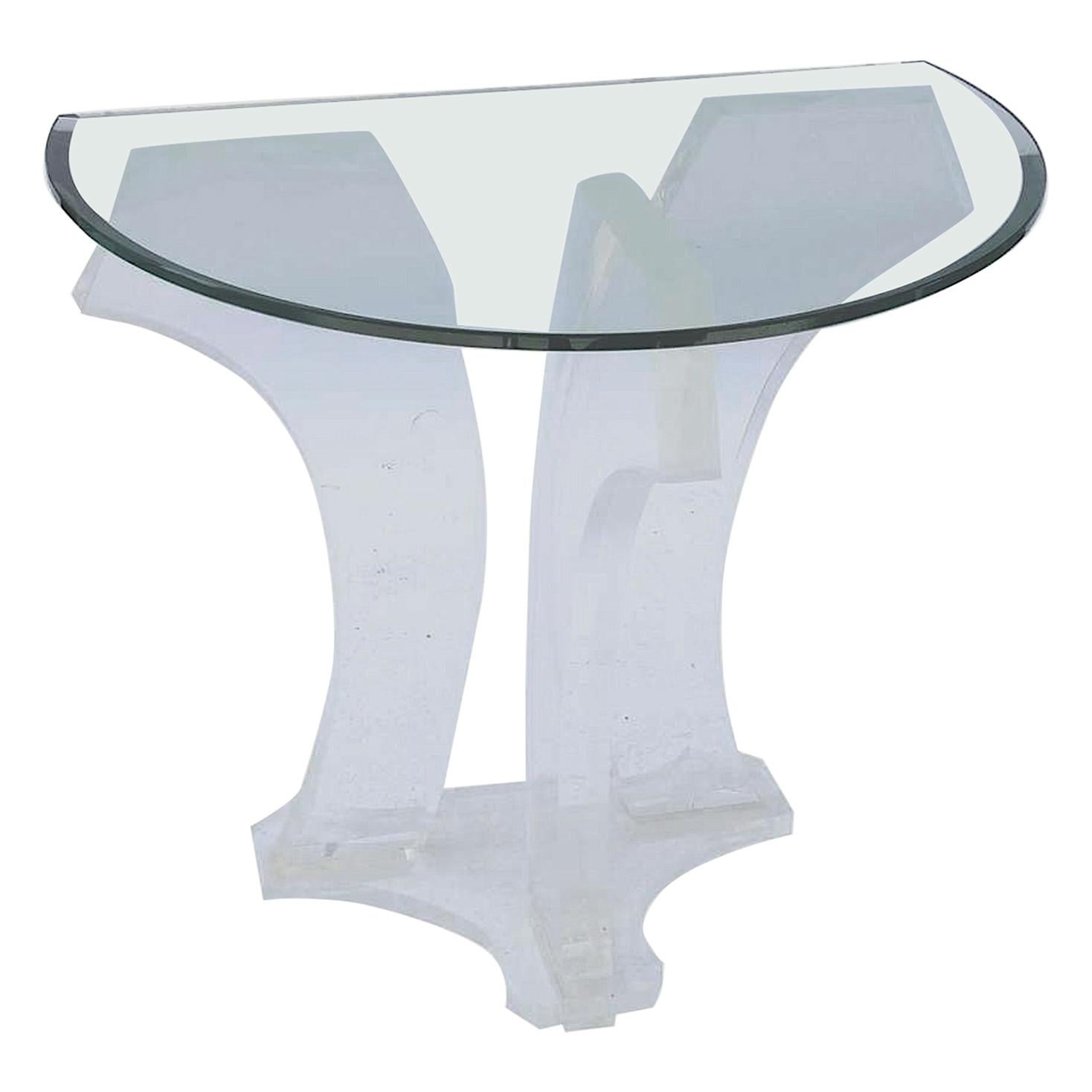Jeffrey Bigelow Clear Lucite Pair of Demilune Console Tables Signed Dated 1978 For Sale
