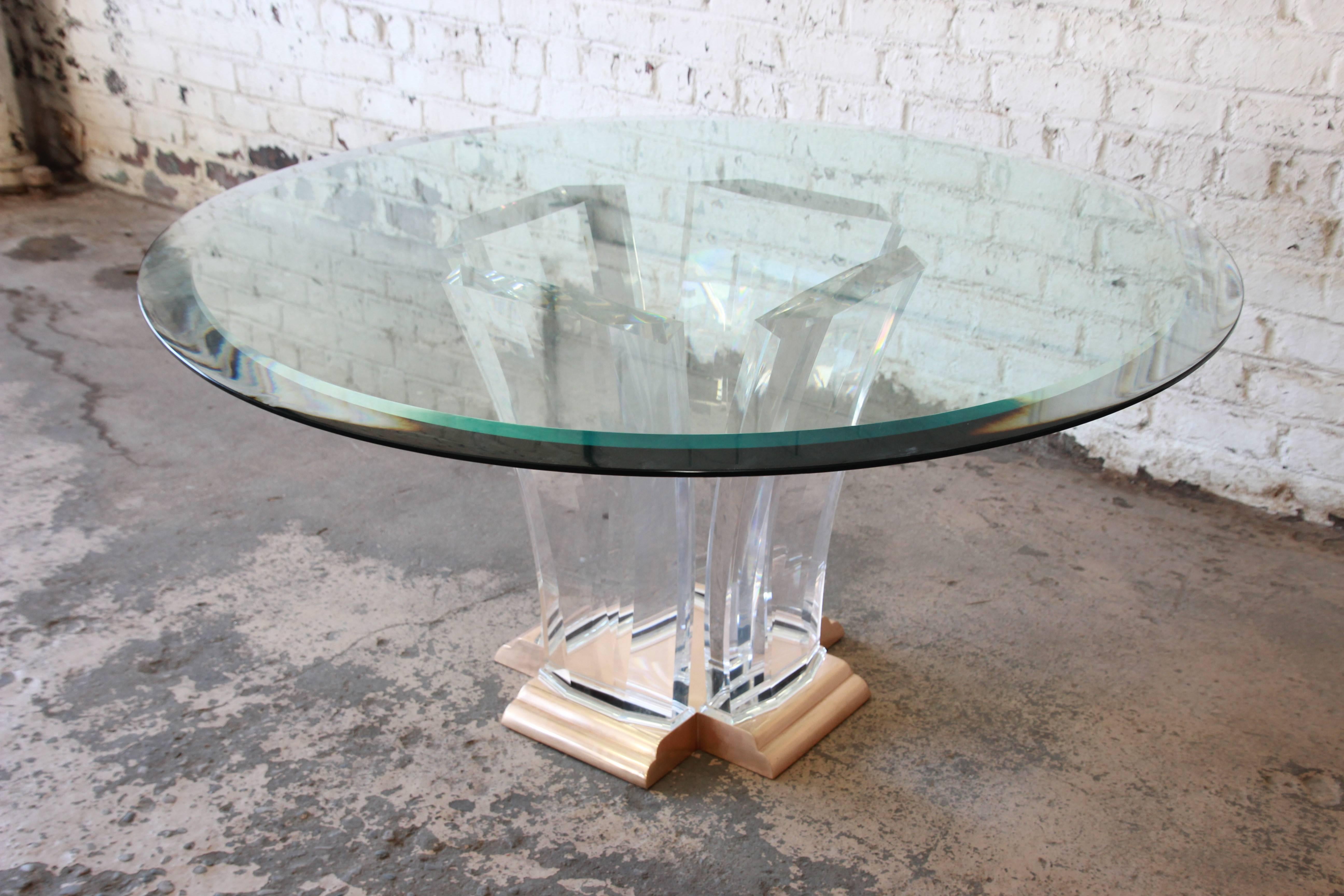 Art Deco Jeffrey Bigelow Lucite, Brass, and Glass Dining or Center Table, 1984