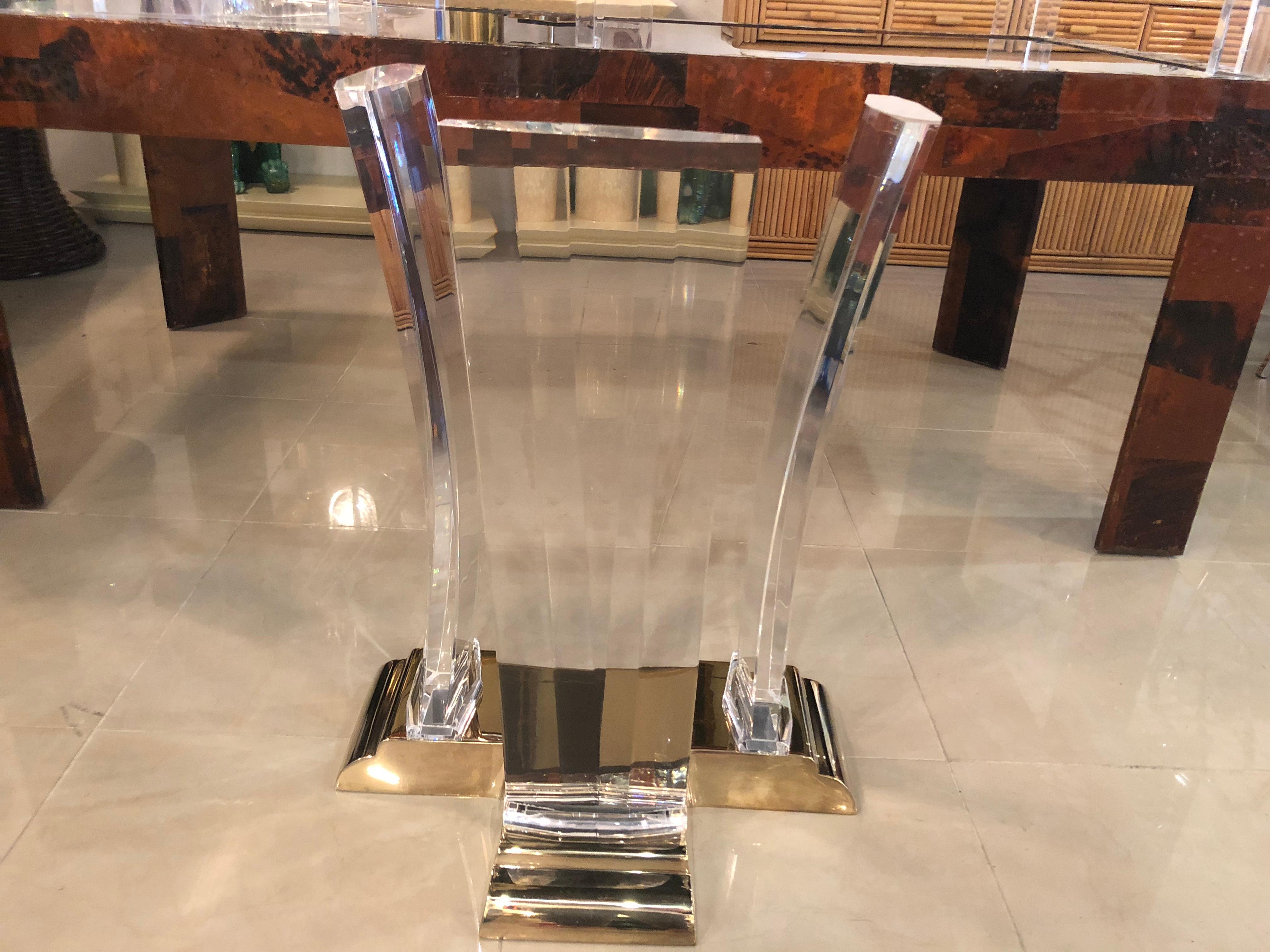 Vintage Lucite and brass Jeffrey Bigelow console table. Brass and Lucite have been professionally polished. Glass top is not included as it has a chip. Glass just show as an example.
 