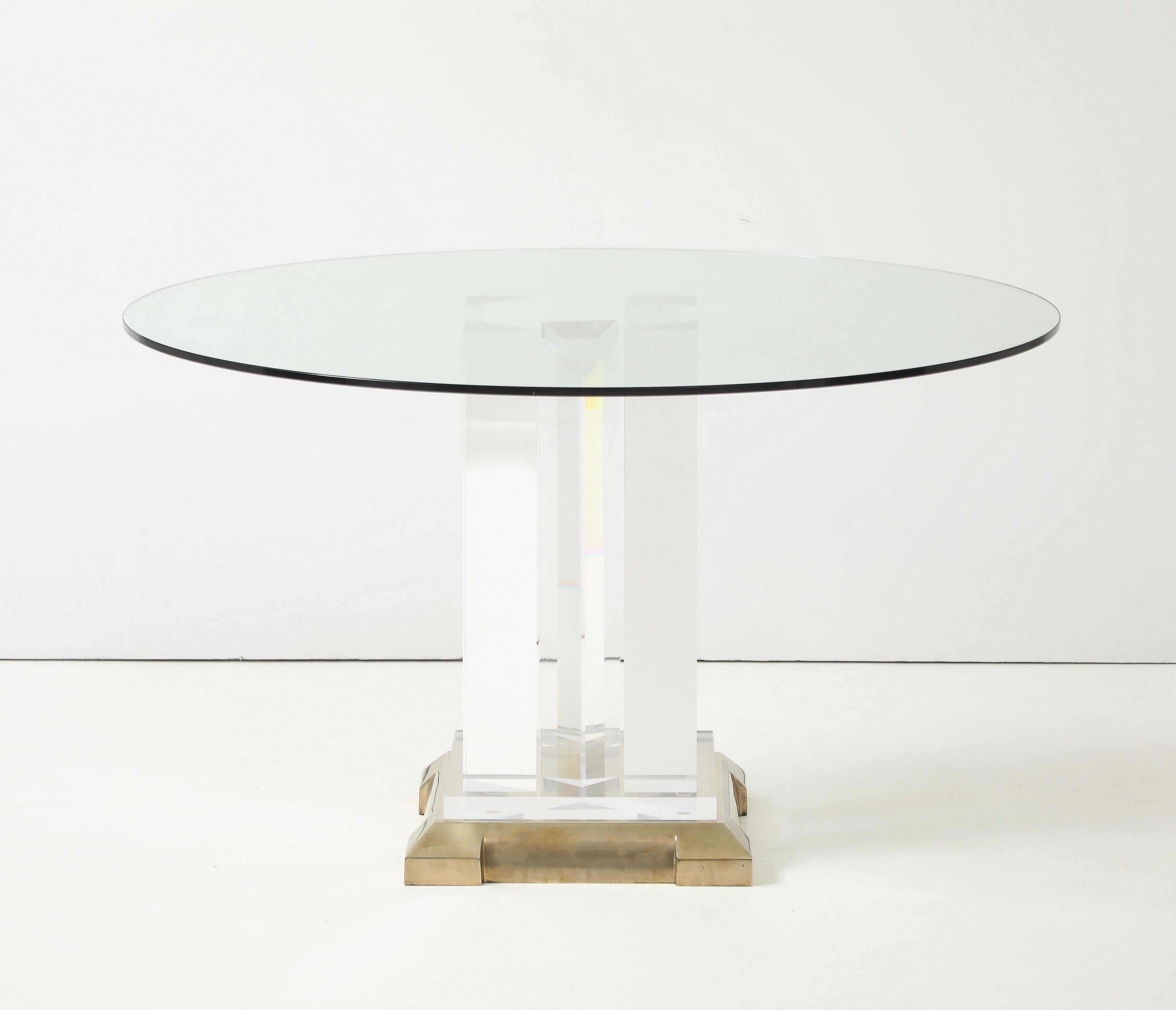 Amazing 1980's modernist design lucite and bronze dining table with tempered glass top designed by Jeffrey Bigelow, in vintage original condition with some wear and patina due to age and use, there is some patina to the bronze.