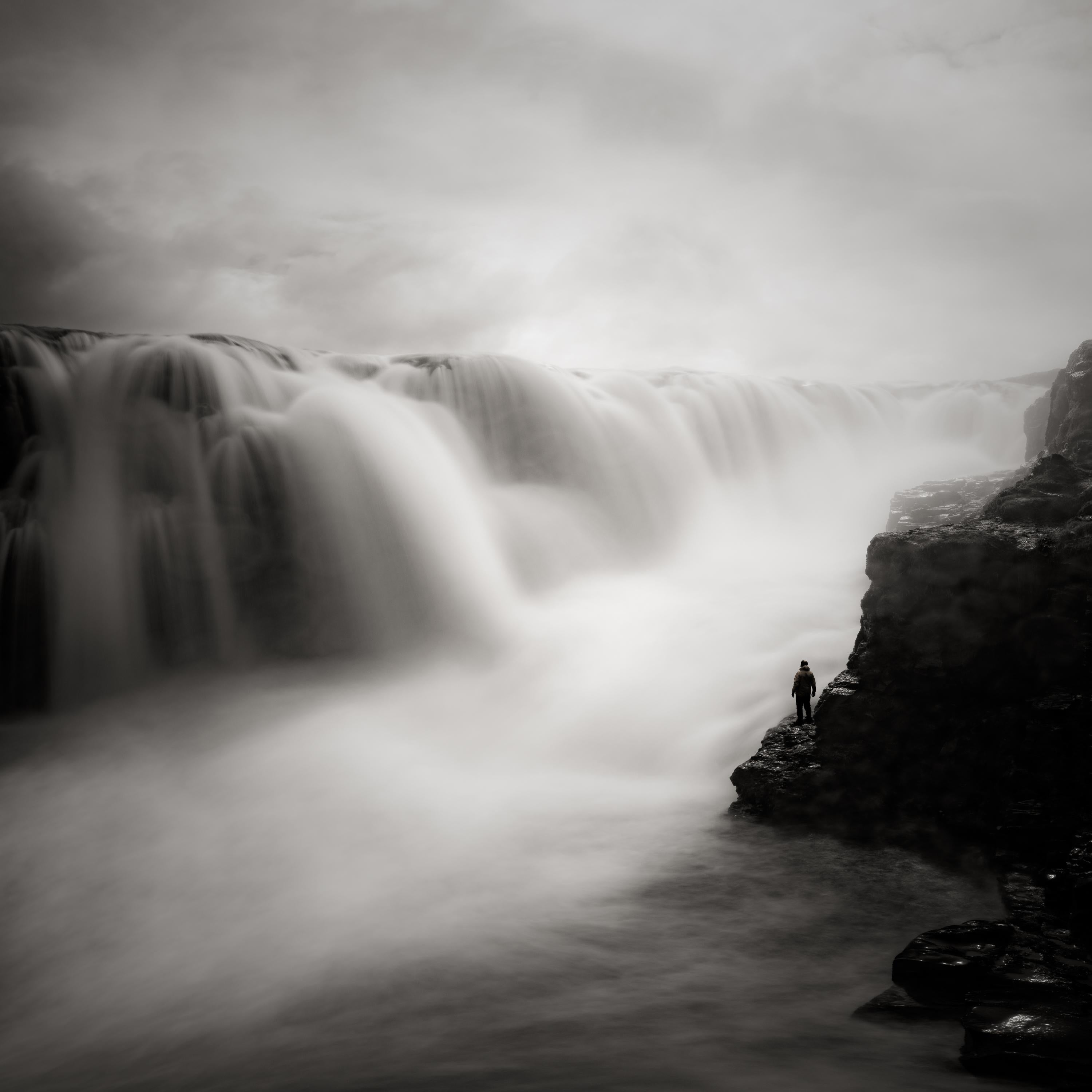 Jeffrey Conley Black and White Photograph - Figure and Waterfall