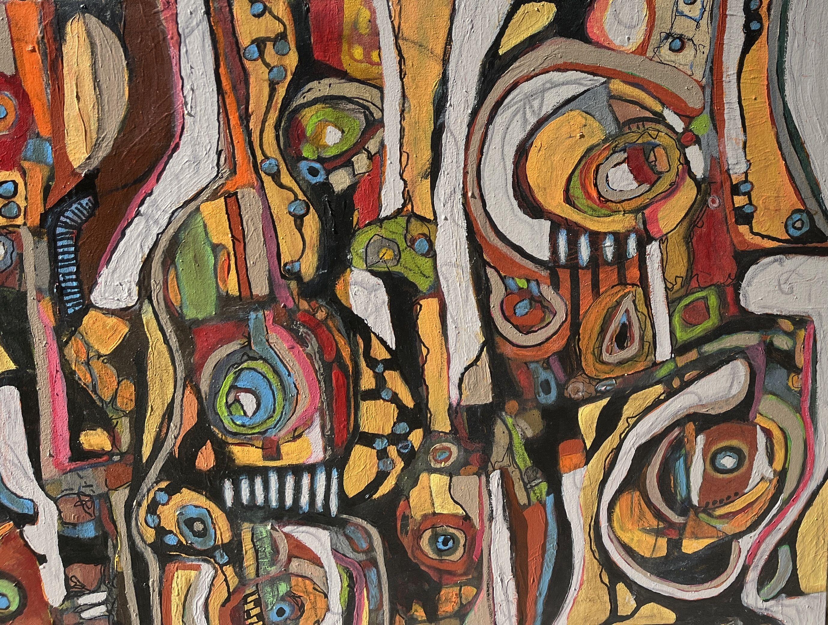   NUBLADO # 16 is on stretched canvas with a finish of clear varnish have used artist acrylic paint, possibly household with marker and pencil. Always a wild, exciting process of adding and subtracting. Fascinating!!!      I paint every day with