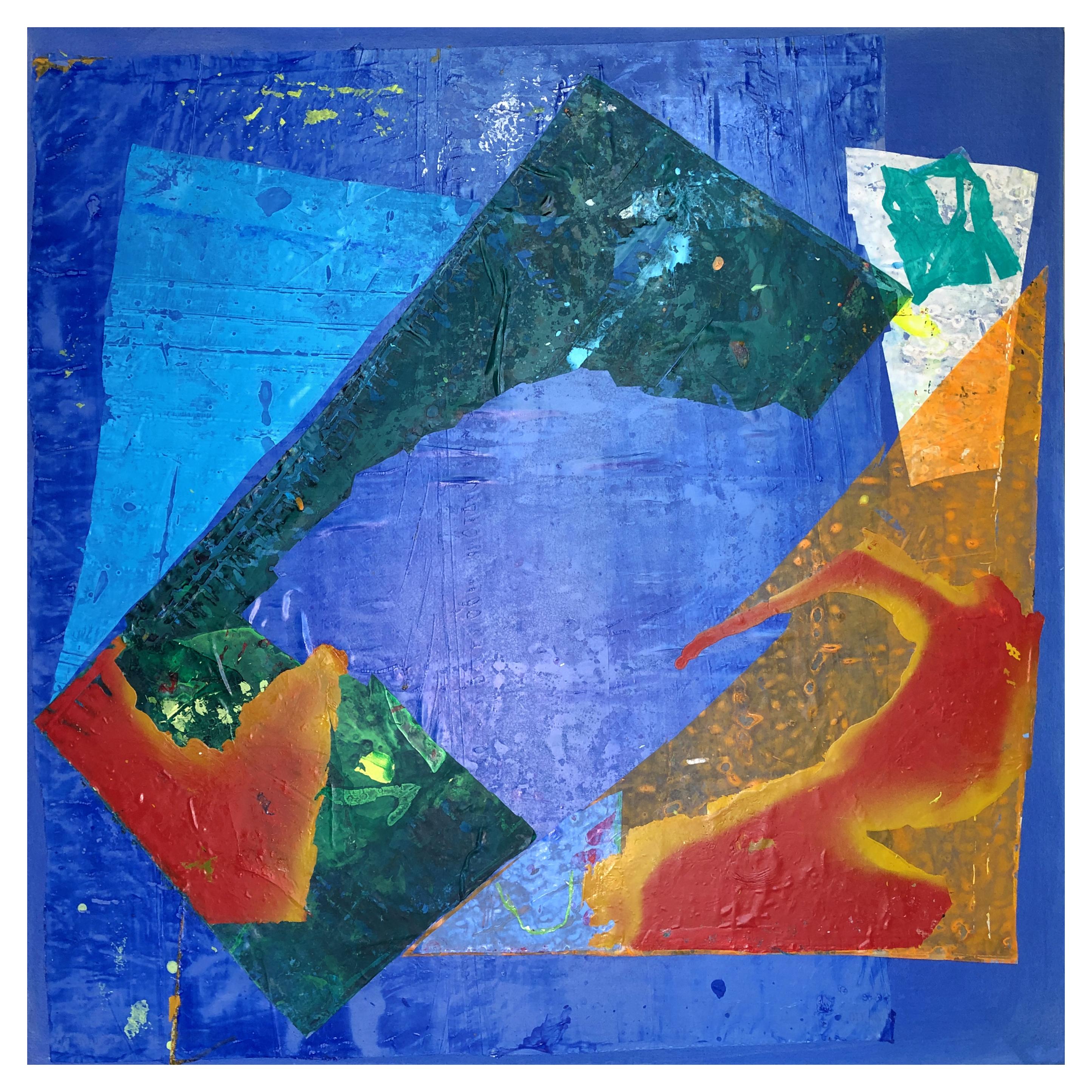 Flattening the Curve, Acryl und bemalte abstrakte blaue Seidenschirmtöne (Abstrakt), Mixed Media Art, von Jeffrey Kurland