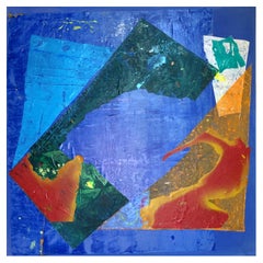 Flattening the Curve, acrylic and painted silk screen abstract blue tones