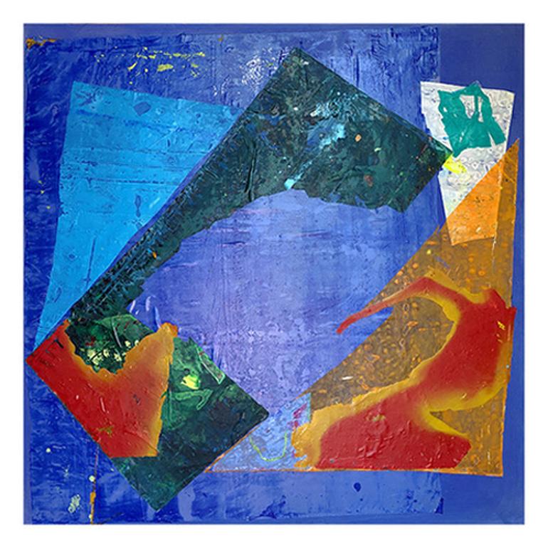 Flattening the Curve, acrylic and painted silk screen abstract blue tones - Mixed Media Art by Jeffrey Kurland