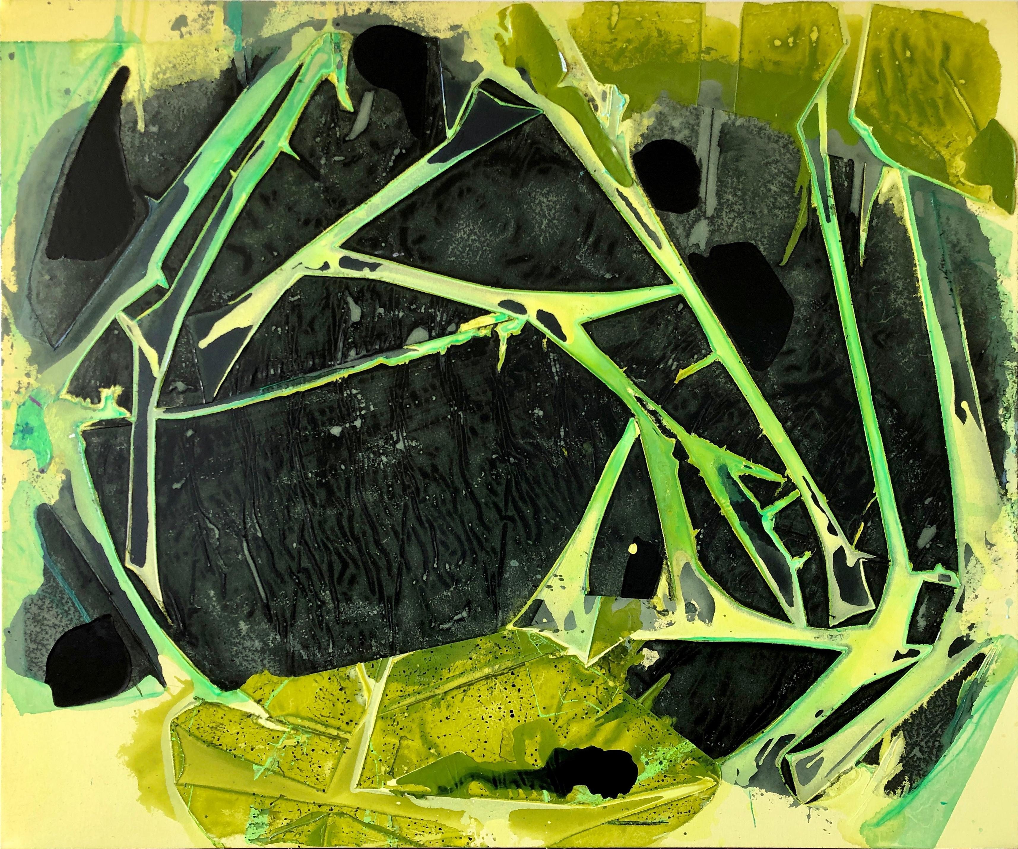 Jeffrey Kurland Interior Painting - "BONGWATER", Abstract Painting, Yellow, Green, Black, Hazy, Cavern, Crystalline