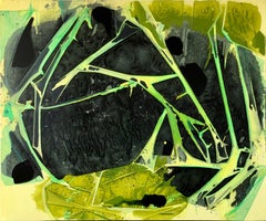 « BONGWATER », peinture abstraite, jaune, vert, noir, Hazy, caverne, cristalline