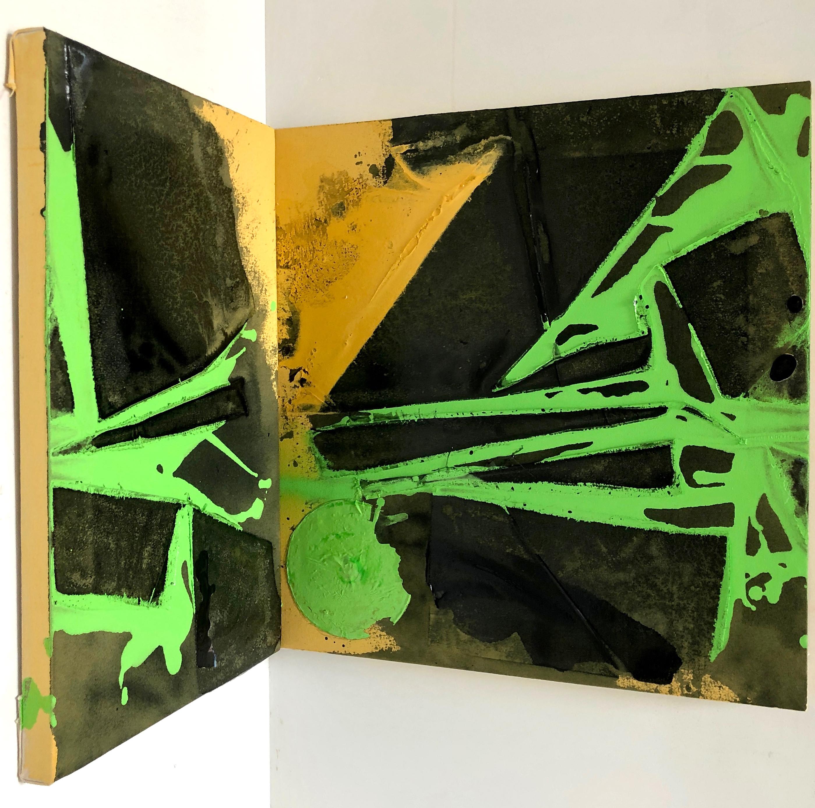 Jeffrey Kurland Landscape Painting - "CORNER POCKET", Abstract Painting, Naples Yellow, Green, Black, Dynamic Angle