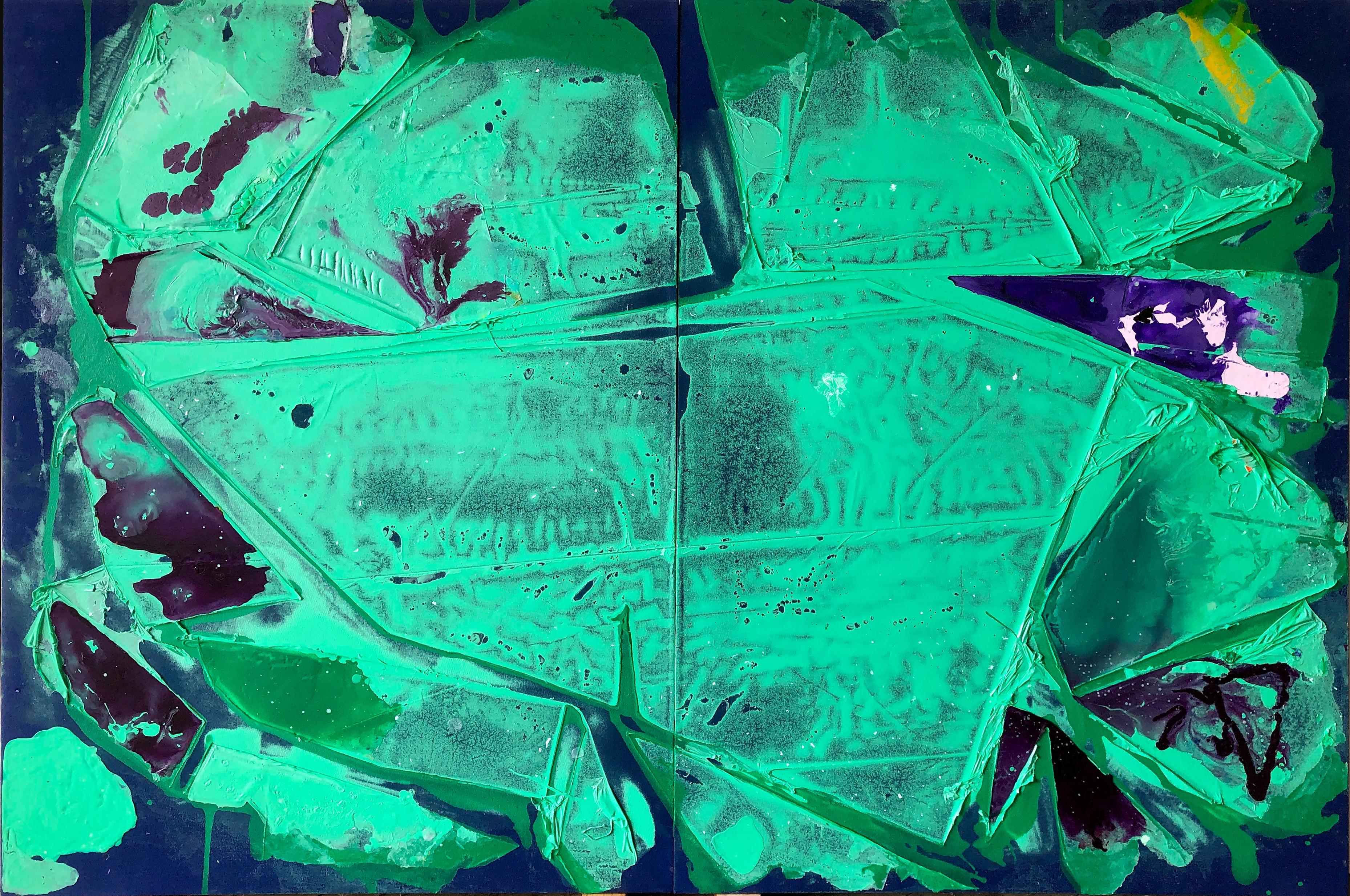 Jeffrey Kurland Landscape Painting - "FLASH FLOODS", Abstract Painting, Diptych, Indigo, Violet, Green, Acrylic