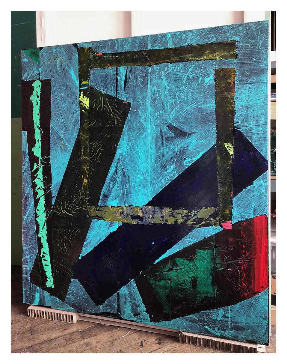 Ice Squared, acrylic bold blue, aqua, red geometric and gestural abstract  - Painting by Jeffrey Kurland