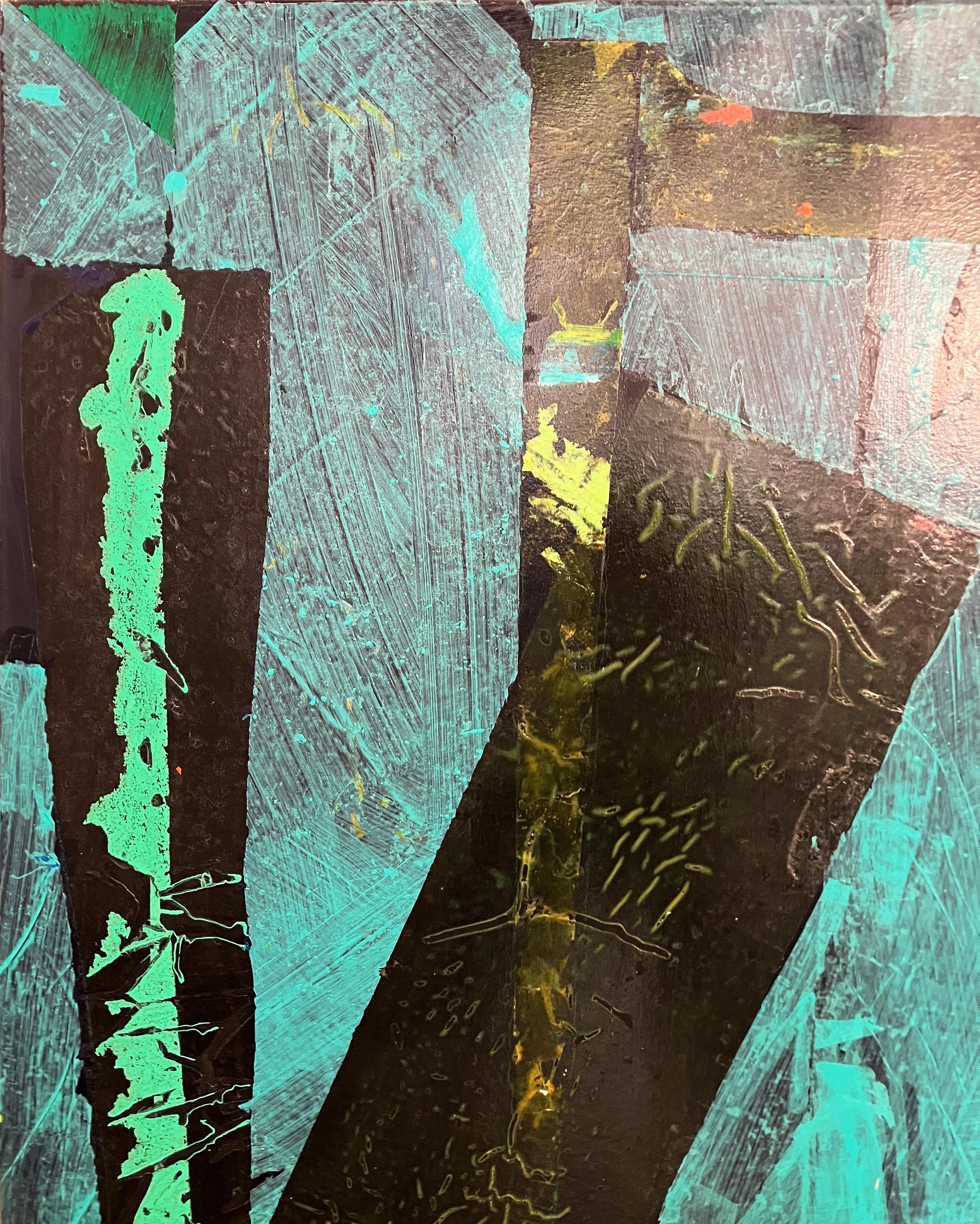 Squared Ice, acrylique bleu audacieux, aqua, rouge géométrique et abstrait gestuel - Bleu Abstract Painting par Jeffrey Kurland