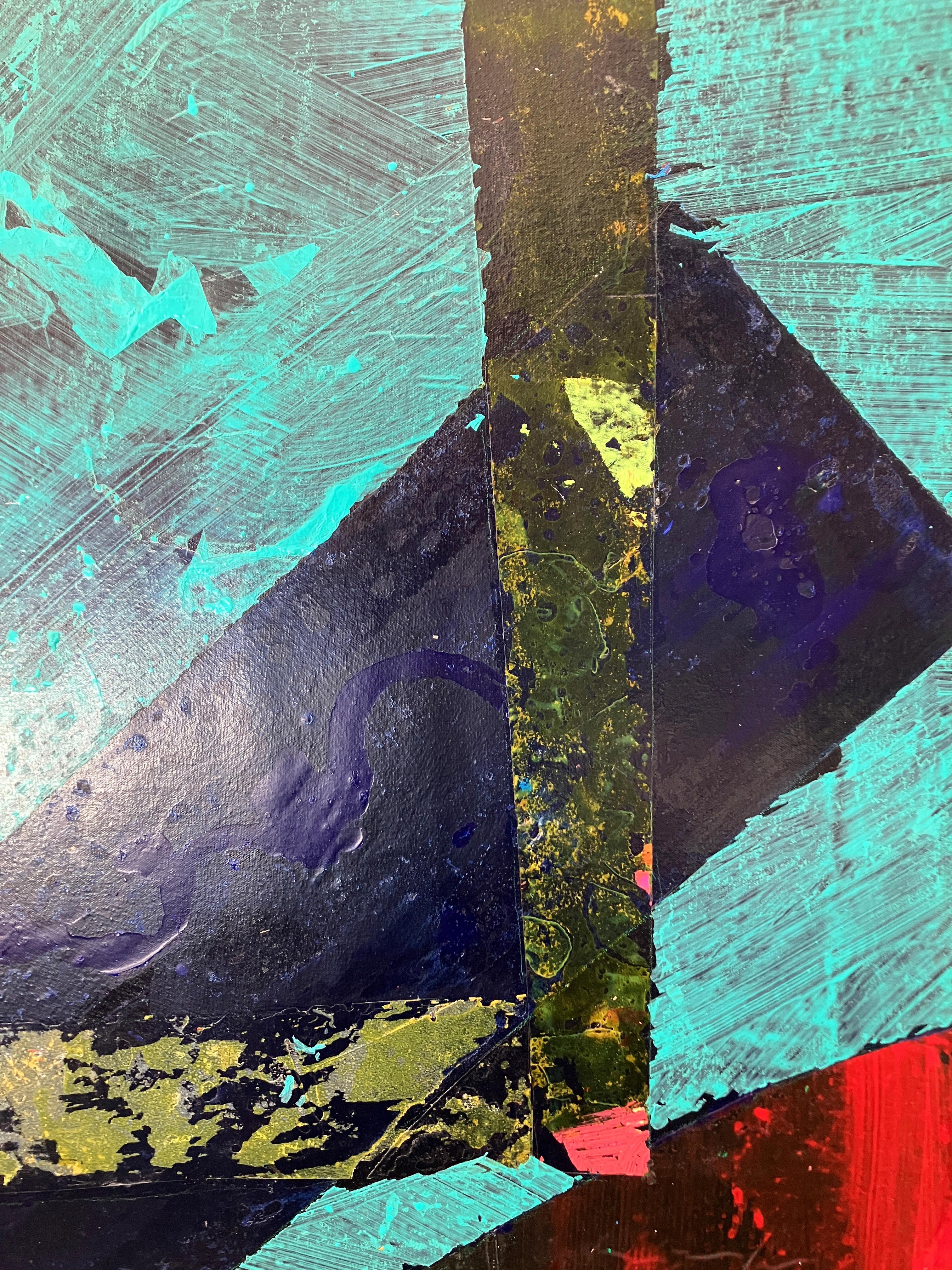 Squared Ice, acrylique bleu audacieux, aqua, rouge géométrique et abstrait gestuel 1