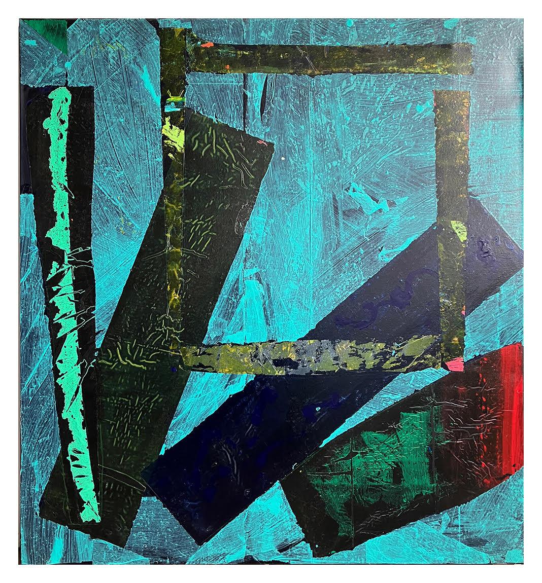 Abstract Painting Jeffrey Kurland - Squared Ice, acrylique bleu audacieux, aqua, rouge géométrique et abstrait gestuel 