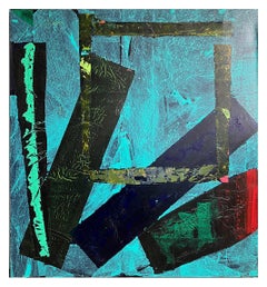 Ice Squared, acrylic bold blue, aqua, red geometric and gestural abstract 