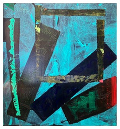 Squared Ice, acrylique bleu audacieux, aqua, rouge géométrique et abstrait gestuel