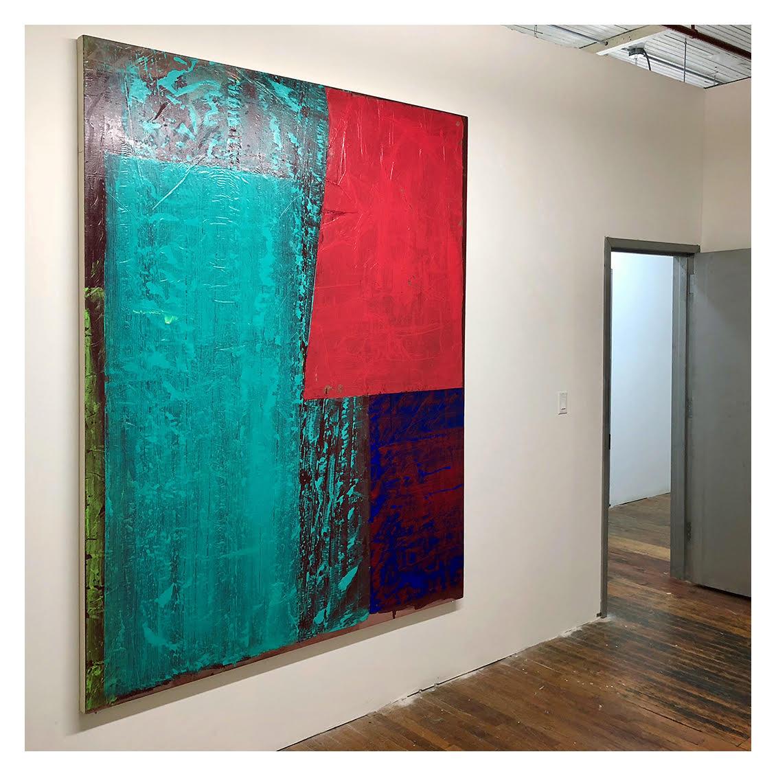 Lucinda River, large, bold geometric abstract w turquoise red glossy textured - Painting by Jeffrey Kurland
