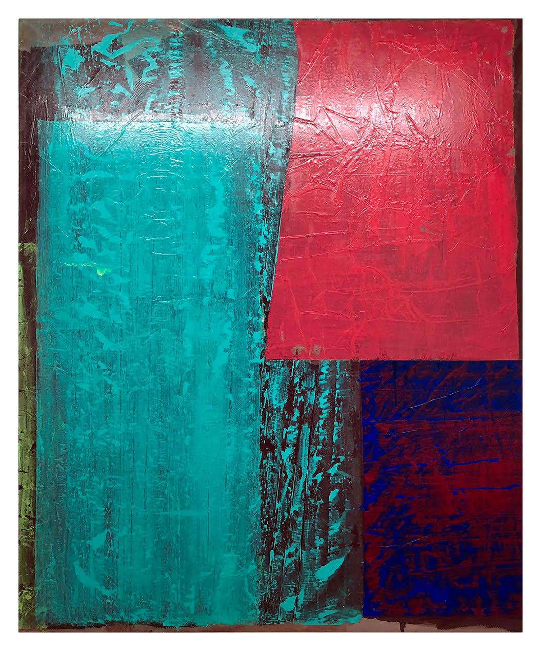 Jeffrey Kurland Abstract Painting - Lucinda River, large, bold geometric abstract w turquoise red glossy textured