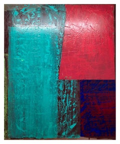 Lucinda River, large, bold geometric abstract w turquoise red glossy textured