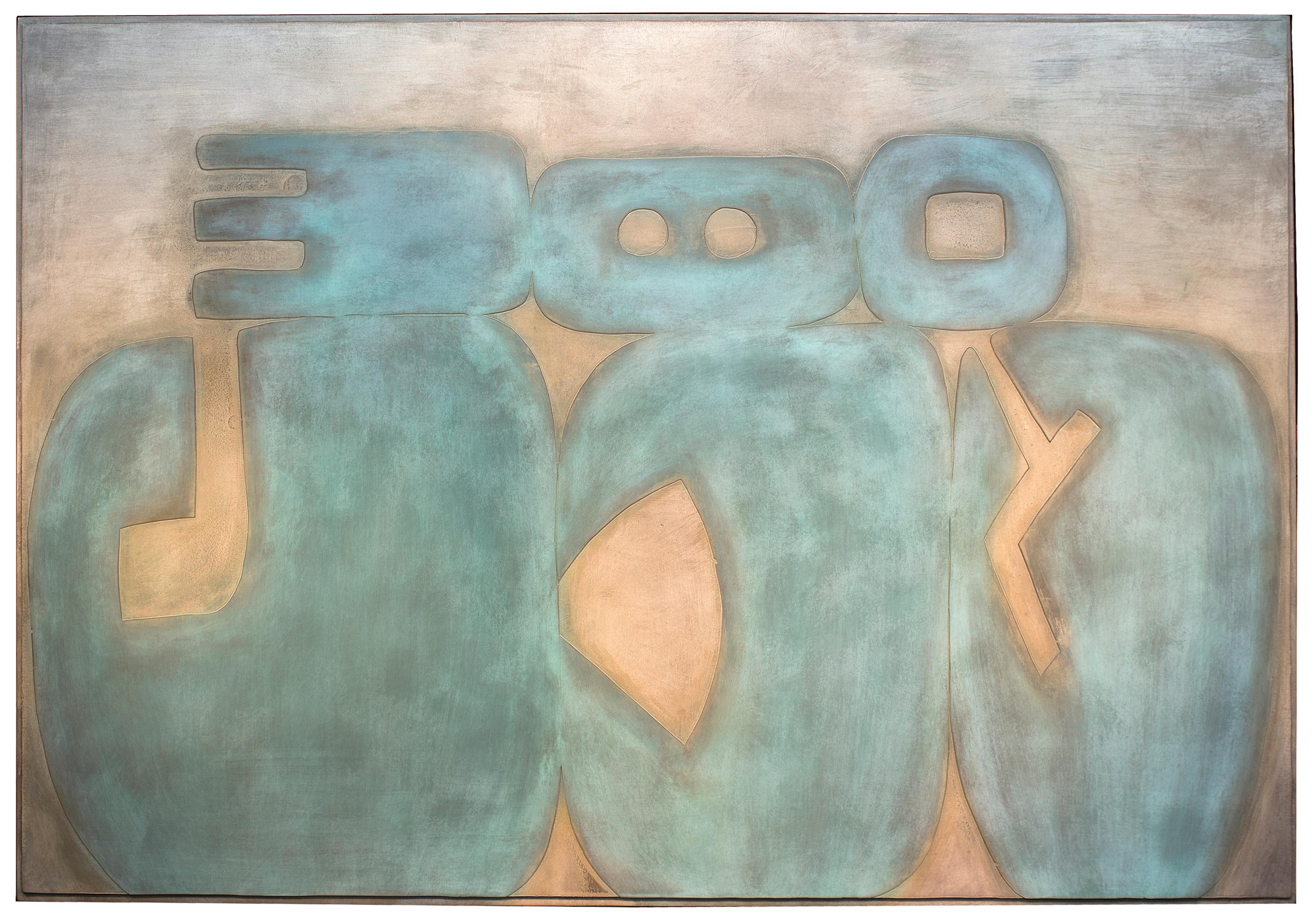 Abstract Sculpture di Jeffrey Maron - Suachsawamaiman Dreaming, quadro astratto in metallo, appeso alla parete, rame, blu