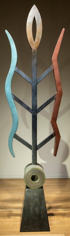 Fuoco e pioggia, scultura astratta, rame, unico, geometrico, blu rosso, marrone