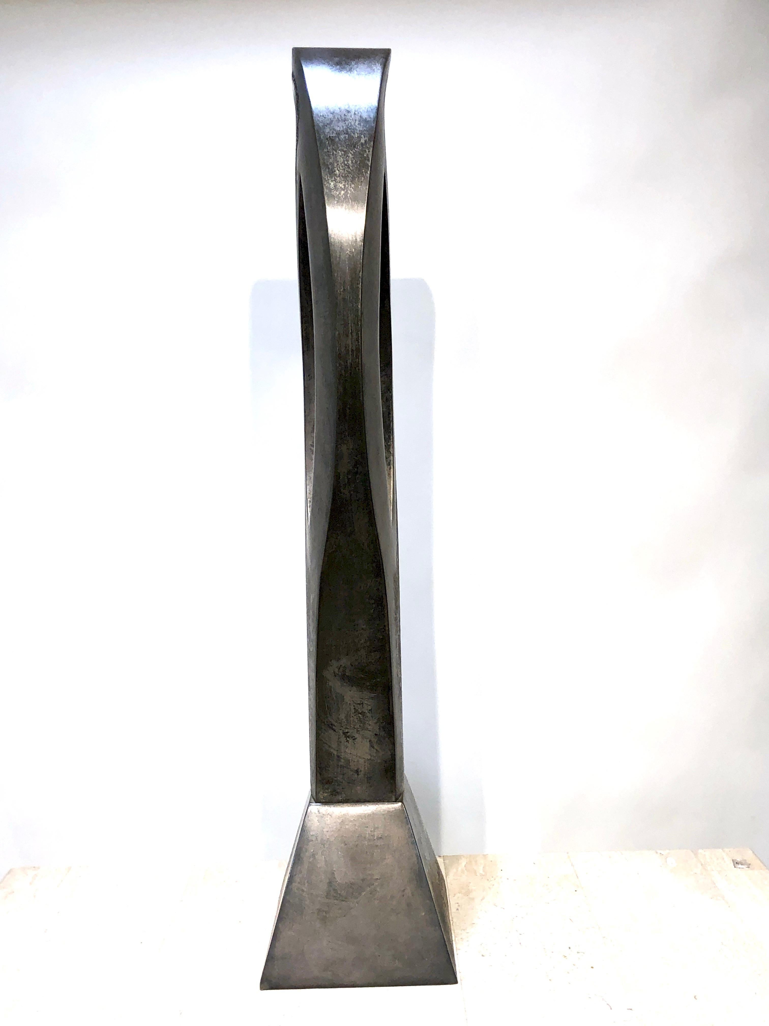 Gaya, copper sculpture, silver, abstract totem, vertical, contemporary art - Black Abstract Sculpture by Jeffrey Maron