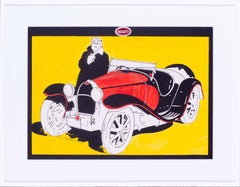 Vintage Popart, 1960s painting of a Bugatti by Welsh artist Jeffrey Morgan