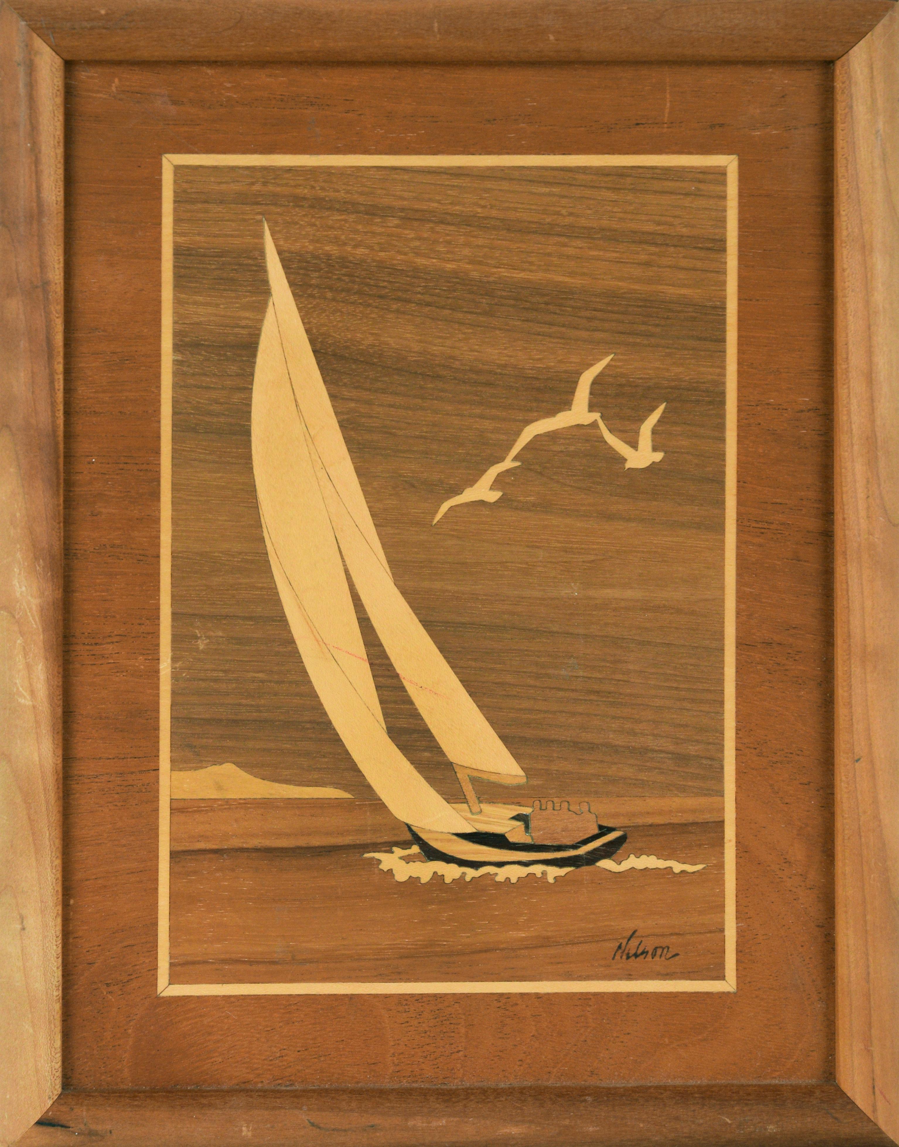 Sailboat Out At Sea - Landscape Scene by Jeffrey Nelson

Hudson River Inlay Landscape Scene by Jeffrey Nelson (American, b. 1959-). A sailboat sails across the sea as three birds fly above. The sail and birds are made of light wood, while the boat