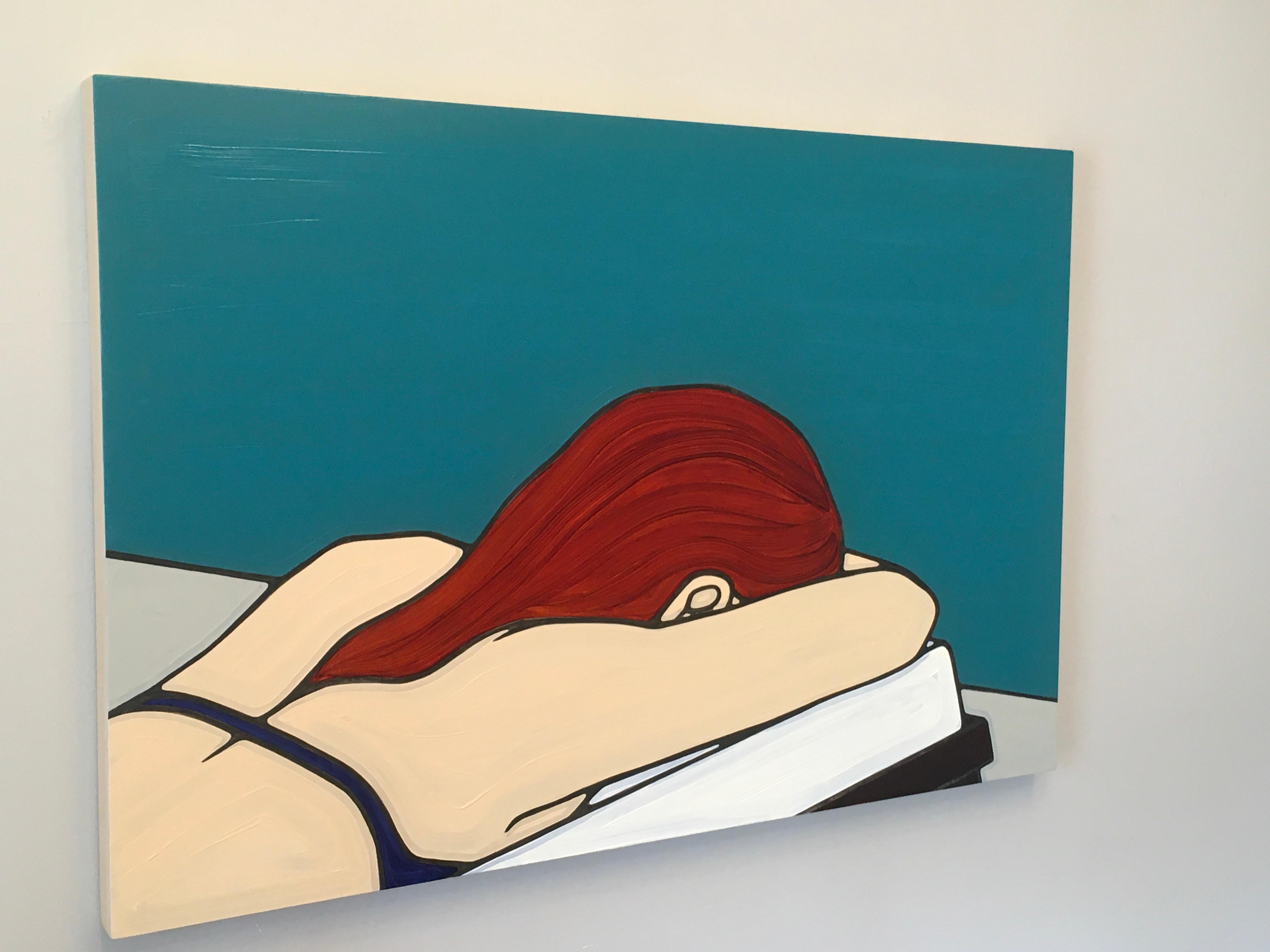 Chaise #31 des kalifornischen Künstlers Jeffrey Palladini ist ein minimalistisches figuratives Gemälde.  Es ist Öl und Kohle auf Holzplatte.  Es ist 24x36. Mit dem Holzrahmen ist es 25x37. Es ist eine weibliche Figur  auf dem Bauch liegend in einem