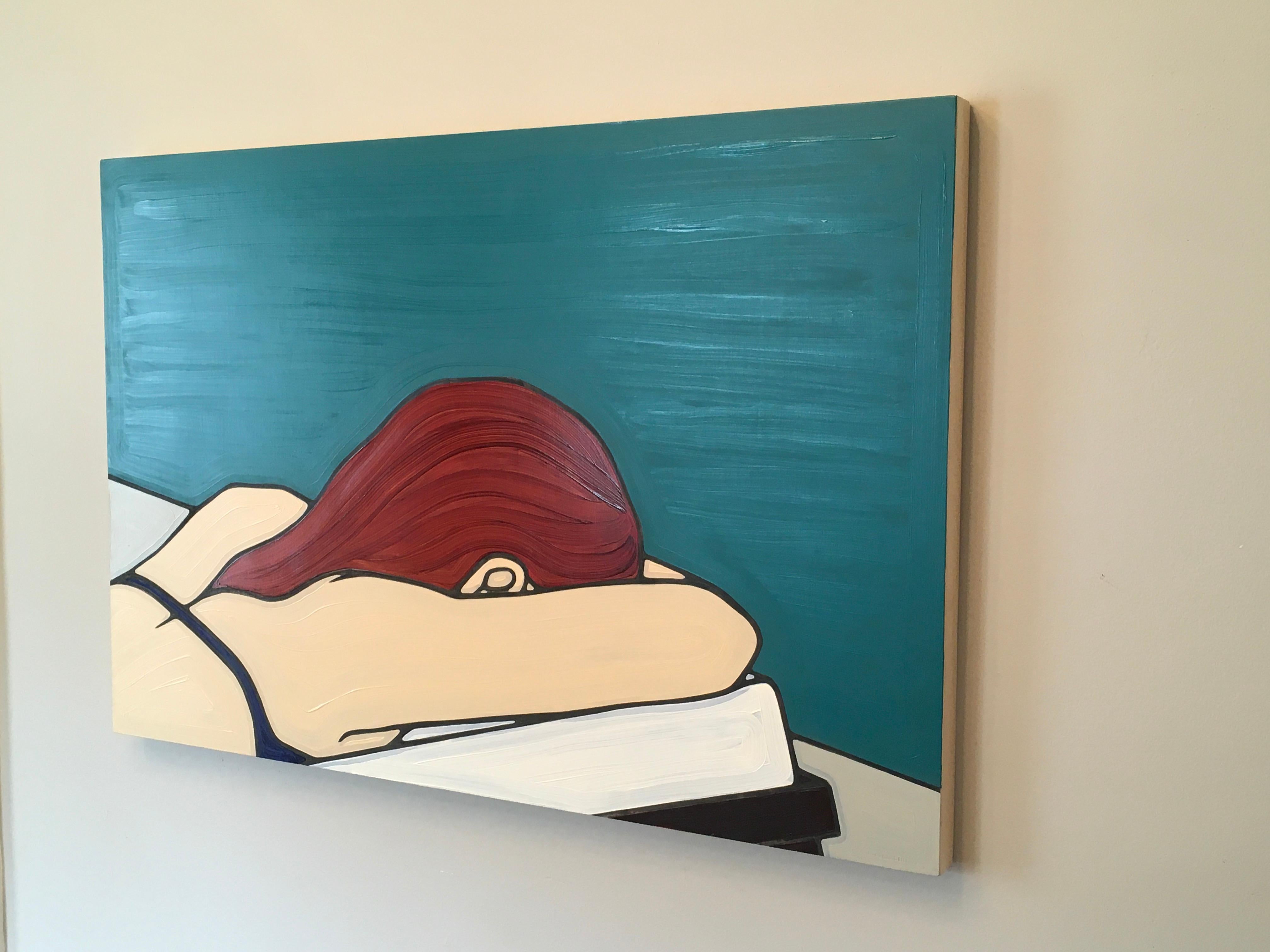 Chaise #31 by California artist Jeffrey Palladini is a minimalist figurative painting.  It is Oil and Charcoal on Wood Panel.  It is 24x36. With the wood frame, it is 25x37. It is a female figure  lying on her stomach in a lounge chair near a