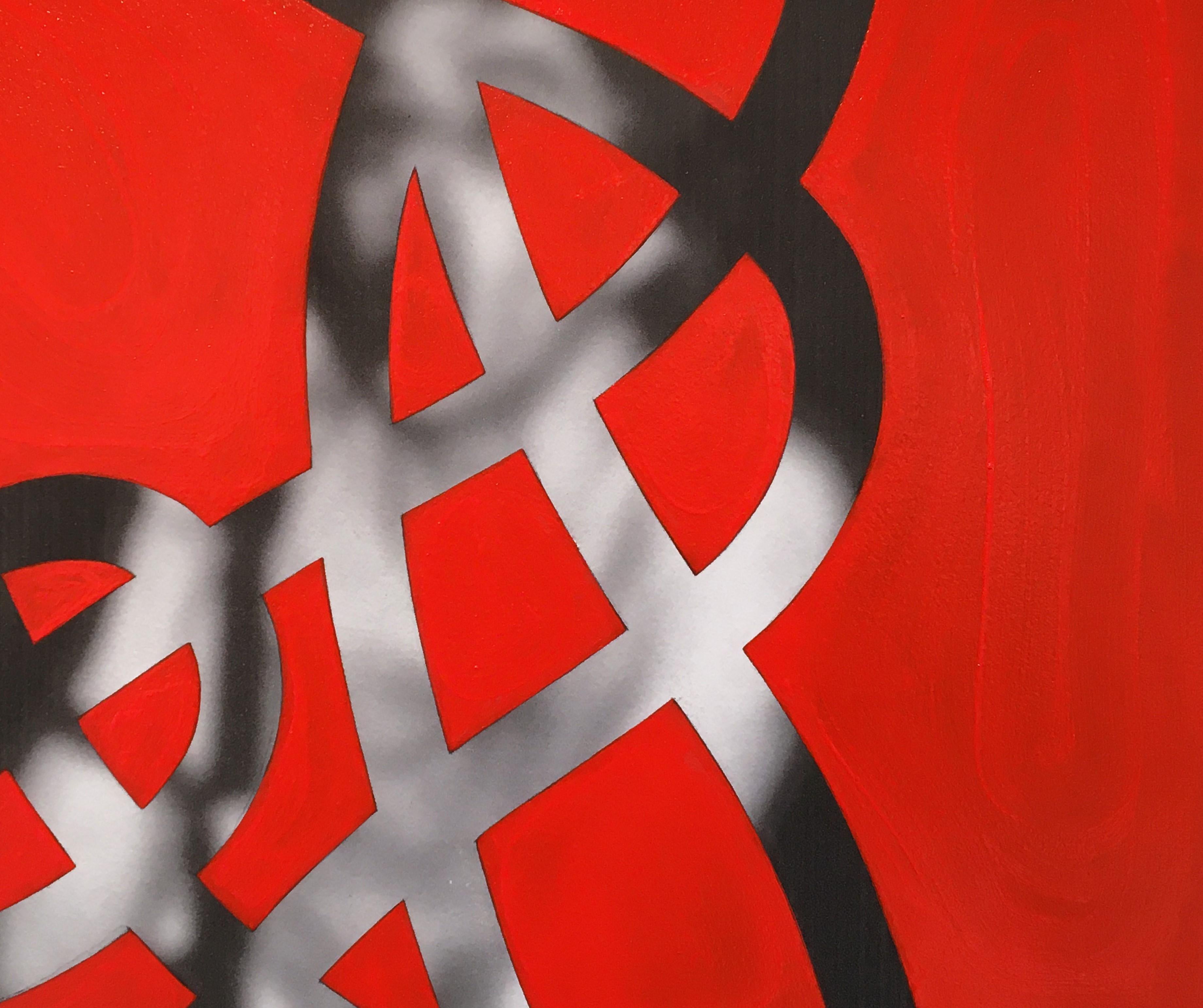 Thread #12  (Gimme Gimme), Minimalist, Oil, Abstract, musical figures, Red - Painting by Jeffrey Palladini