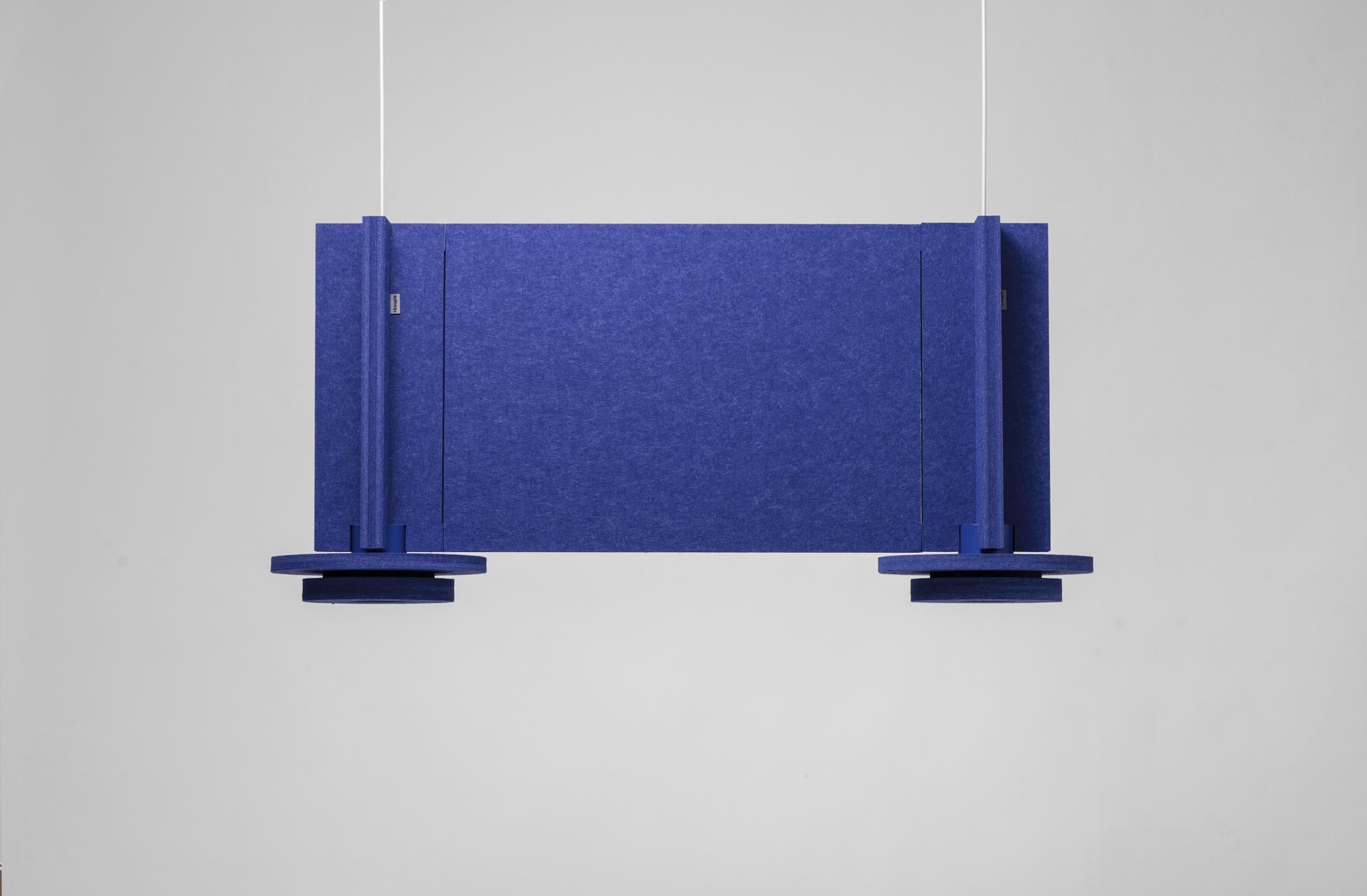 Jeffrey Panel Blue Pendant Lamp by +kouple
Dimensions: W 60 x H 41,5 cm.
Materials: Recycled polyester (PET felt) and powder-coated steel.

All our lamps can be wired according to each country. If sold to the USA it will be wired for the USA for