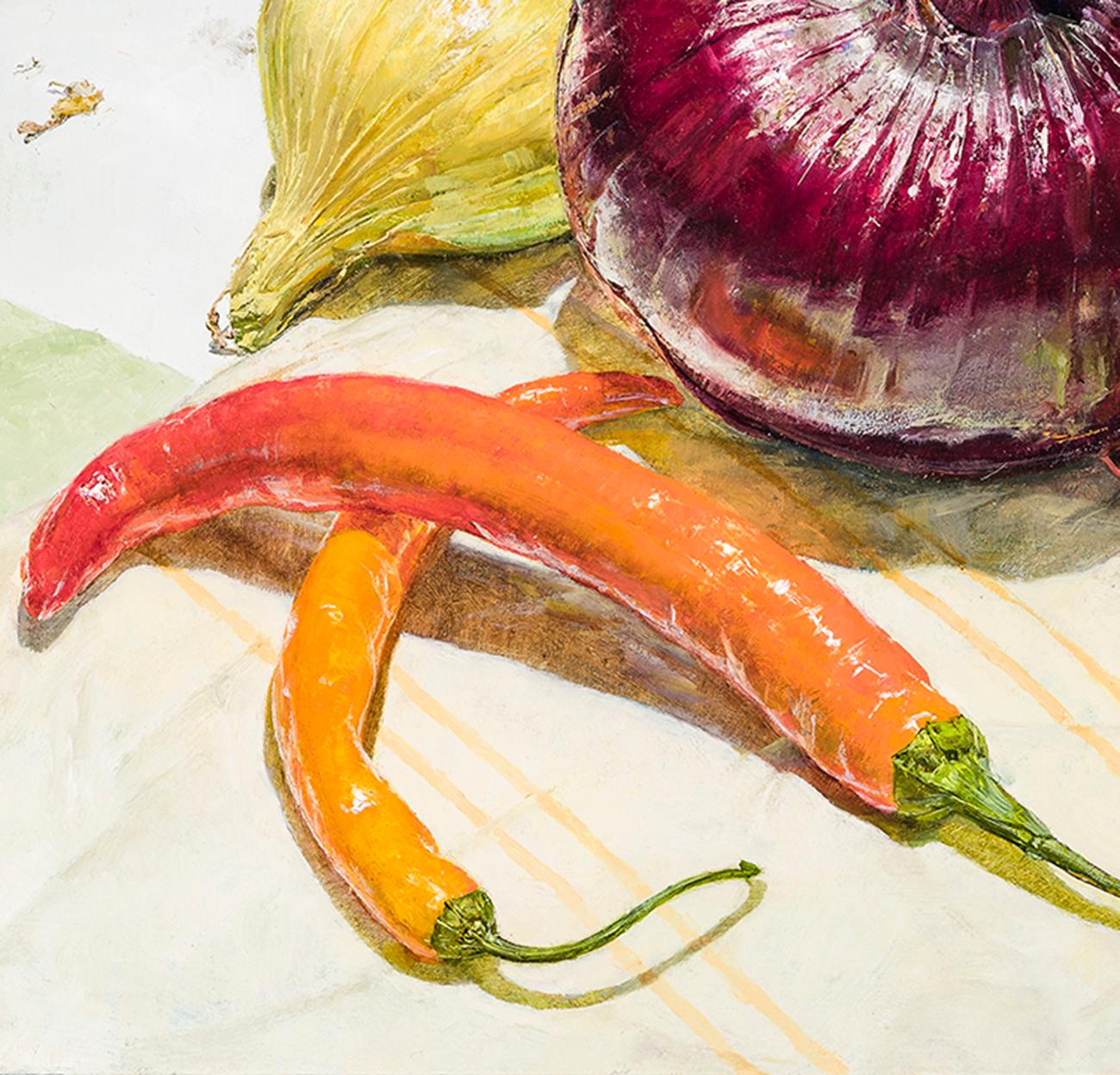 Cebollas y pimientos - Still-Life Painting Beige de Jeffrey Ripple