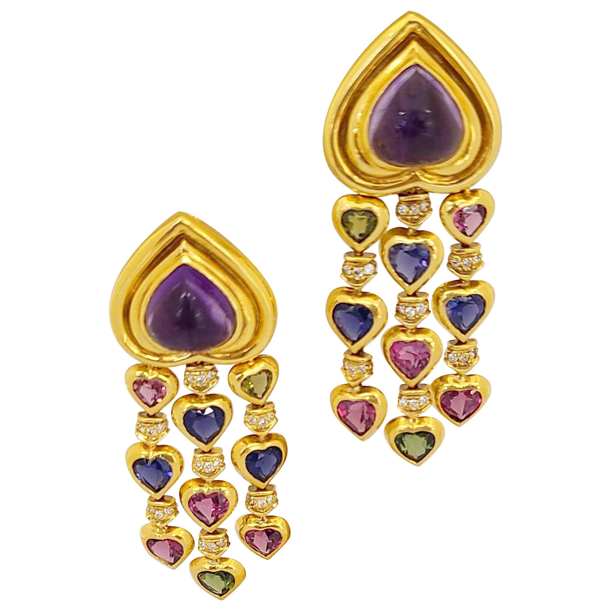 Tropfenohrringe aus 18 Karat Gold mit herzförmigen Amethysten und mehrfarbigen Steinen im Angebot