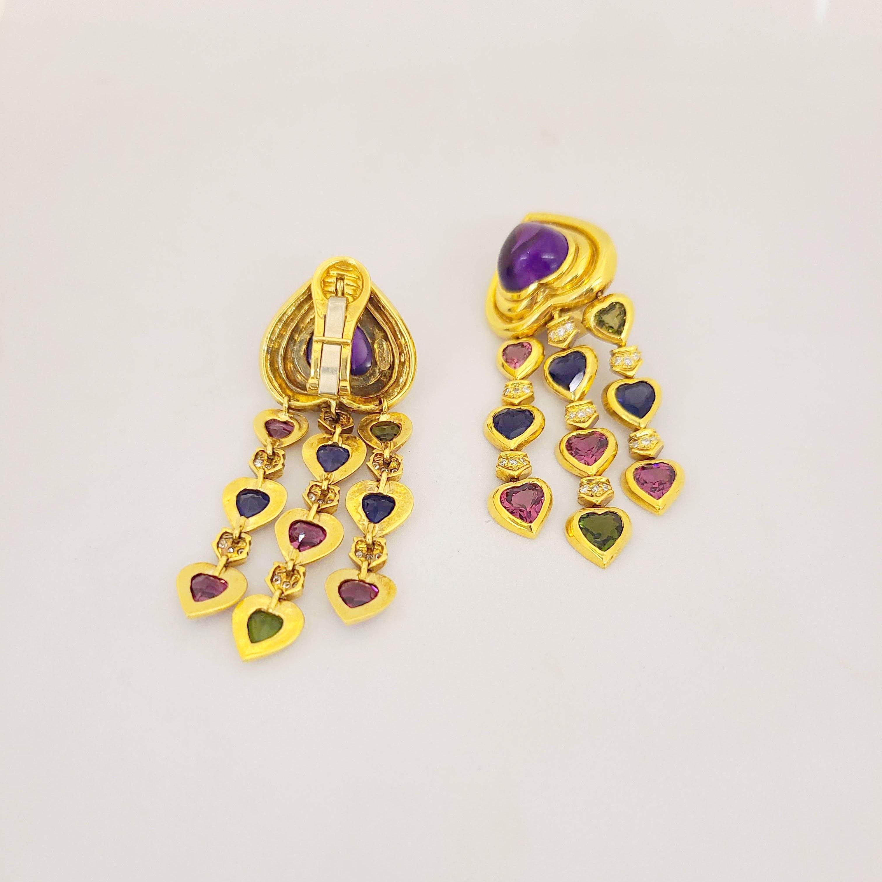 Contemporary Jeffrey Stevens 18 Karat Gold, Heart Amethyst Multi-Color Stones Drop Earrings For Sale