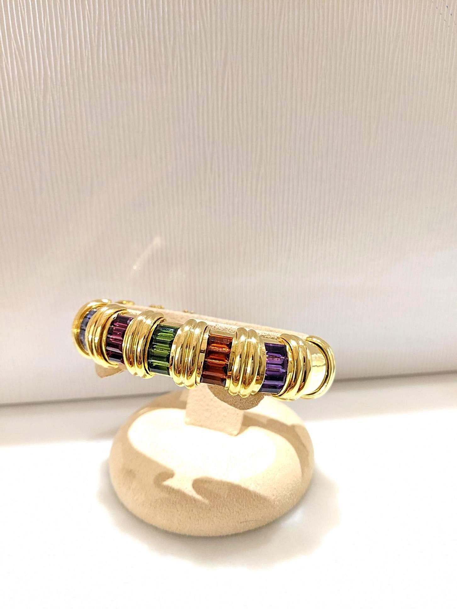 Baguette Cut Jeffrey Stevens 18 Karat Yellow Gold Rainbow Semi Precious Cuff Bracelet