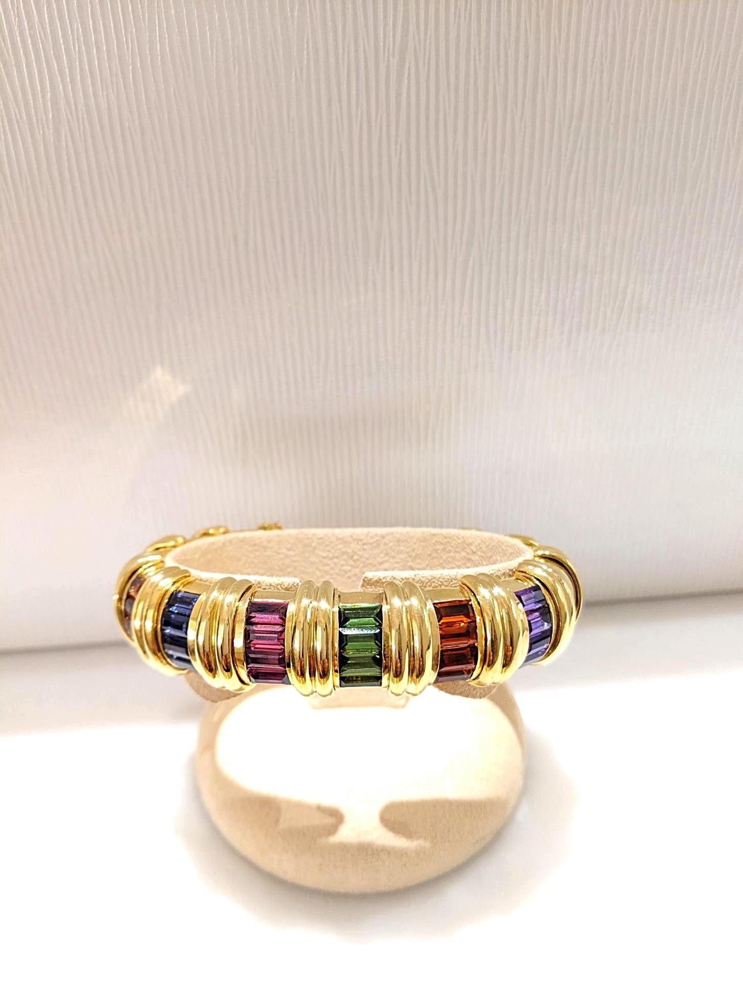 Jeffrey Stevens 18 Karat Yellow Gold Rainbow Semi Precious Cuff Bracelet In New Condition In New York, NY