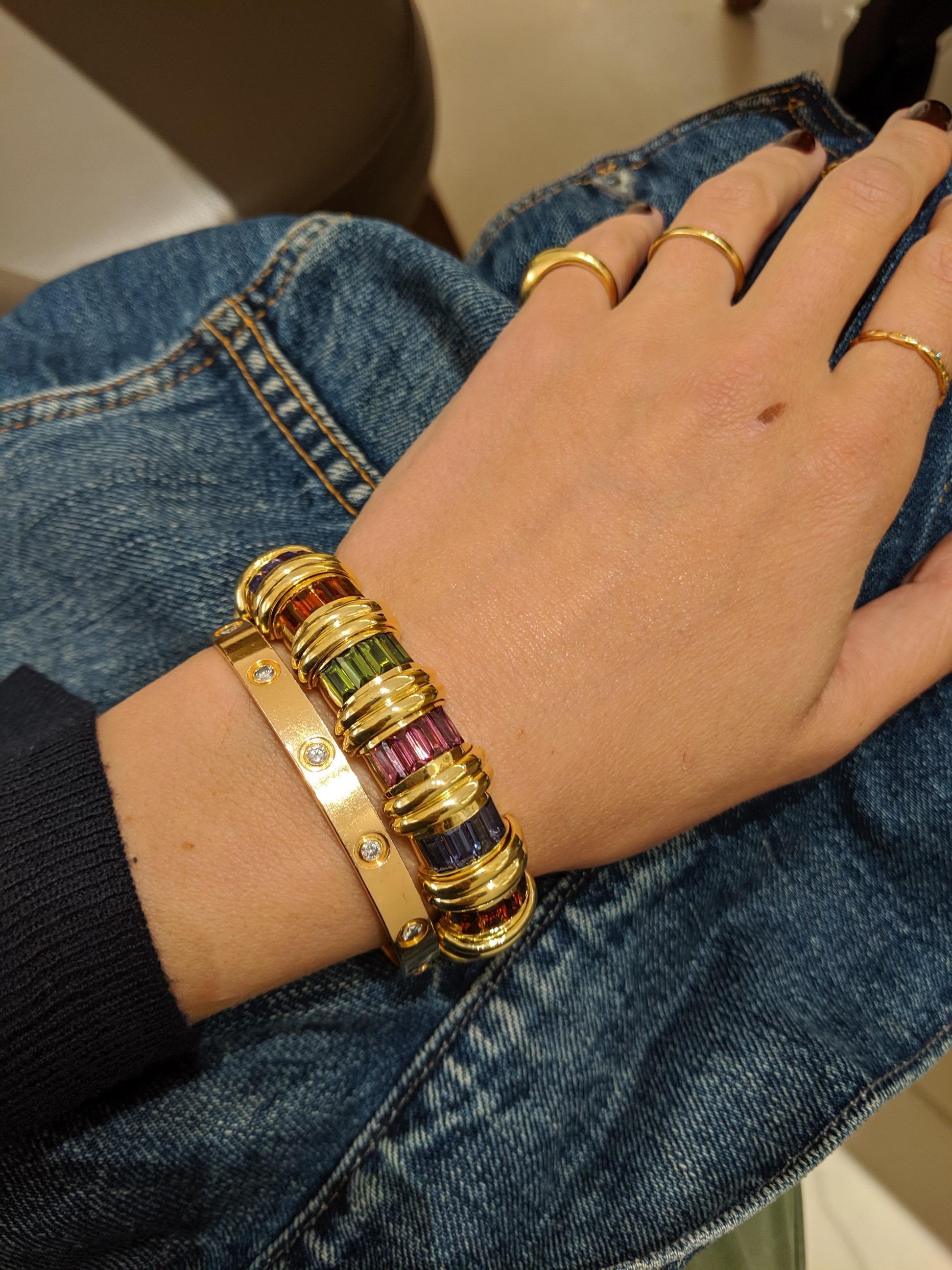 Women's or Men's Jeffrey Stevens 18 Karat Yellow Gold Rainbow Semi Precious Cuff Bracelet