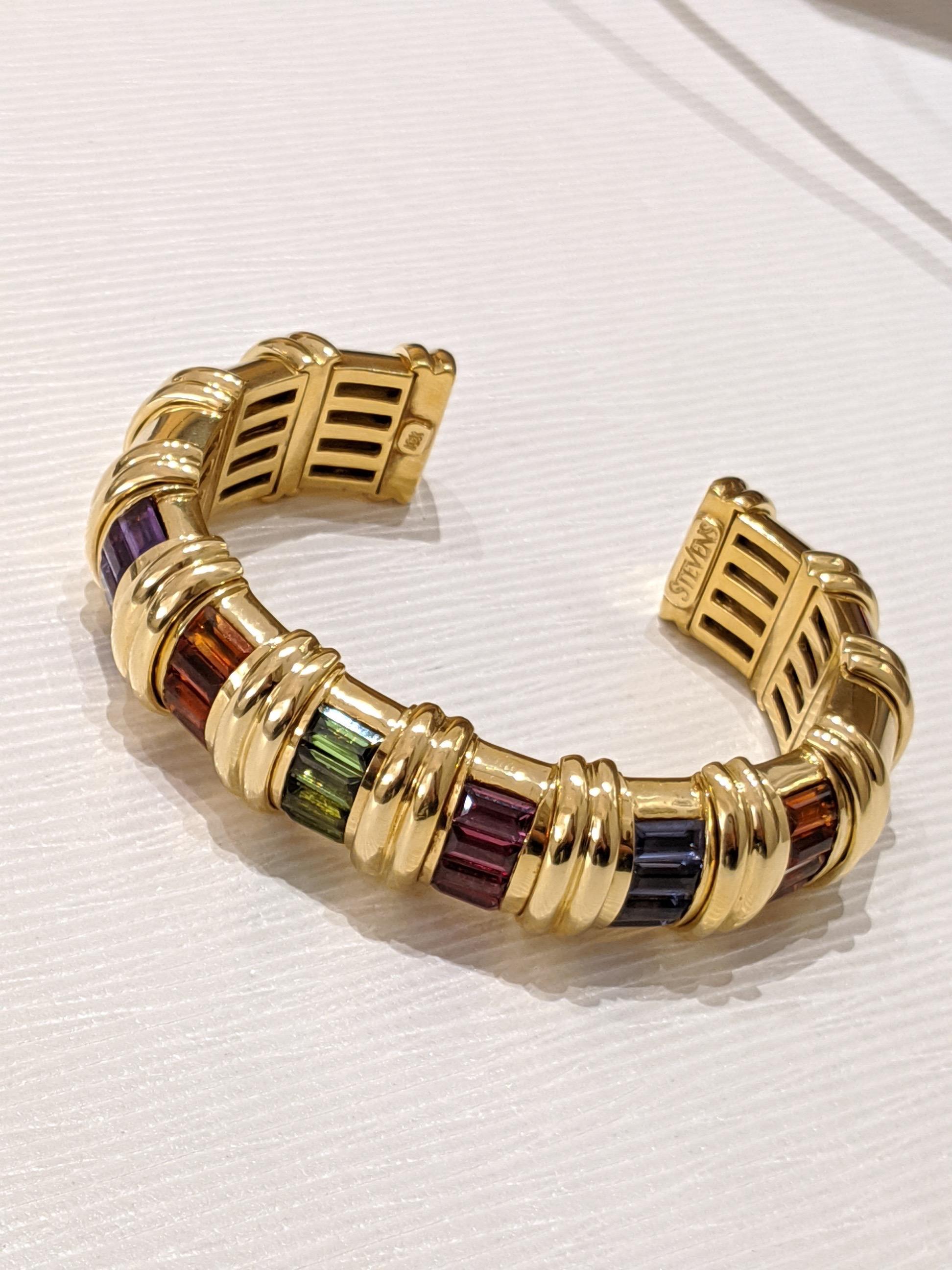 Jeffrey Stevens 18 Karat Yellow Gold Rainbow Semi Precious Cuff Bracelet 1