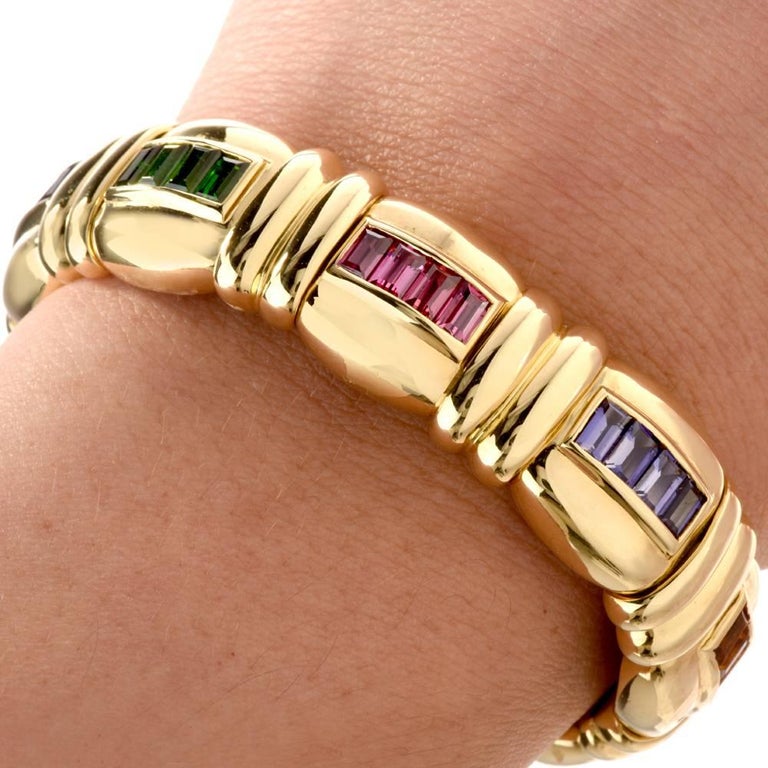 Jeffrey Stevens Rainbow Multi-Stone Gold Bangle Bracelet For Sale at 1stdibs