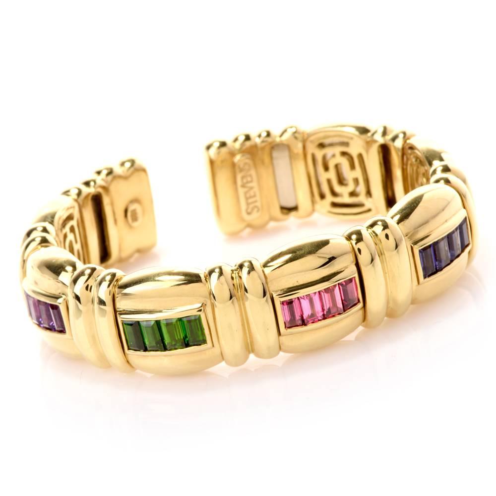 Emerald Cut Jeffrey Stevens Rainbow Multi-Stone Gold Bangle Bracelet