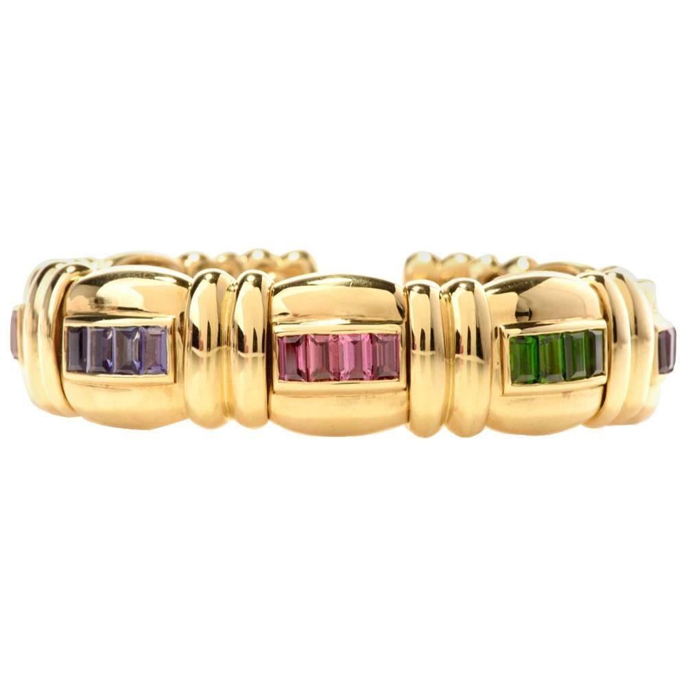 Chanel Multi Color Stone Yellow Gold Cuff Bangle Bracelet at 1stDibs