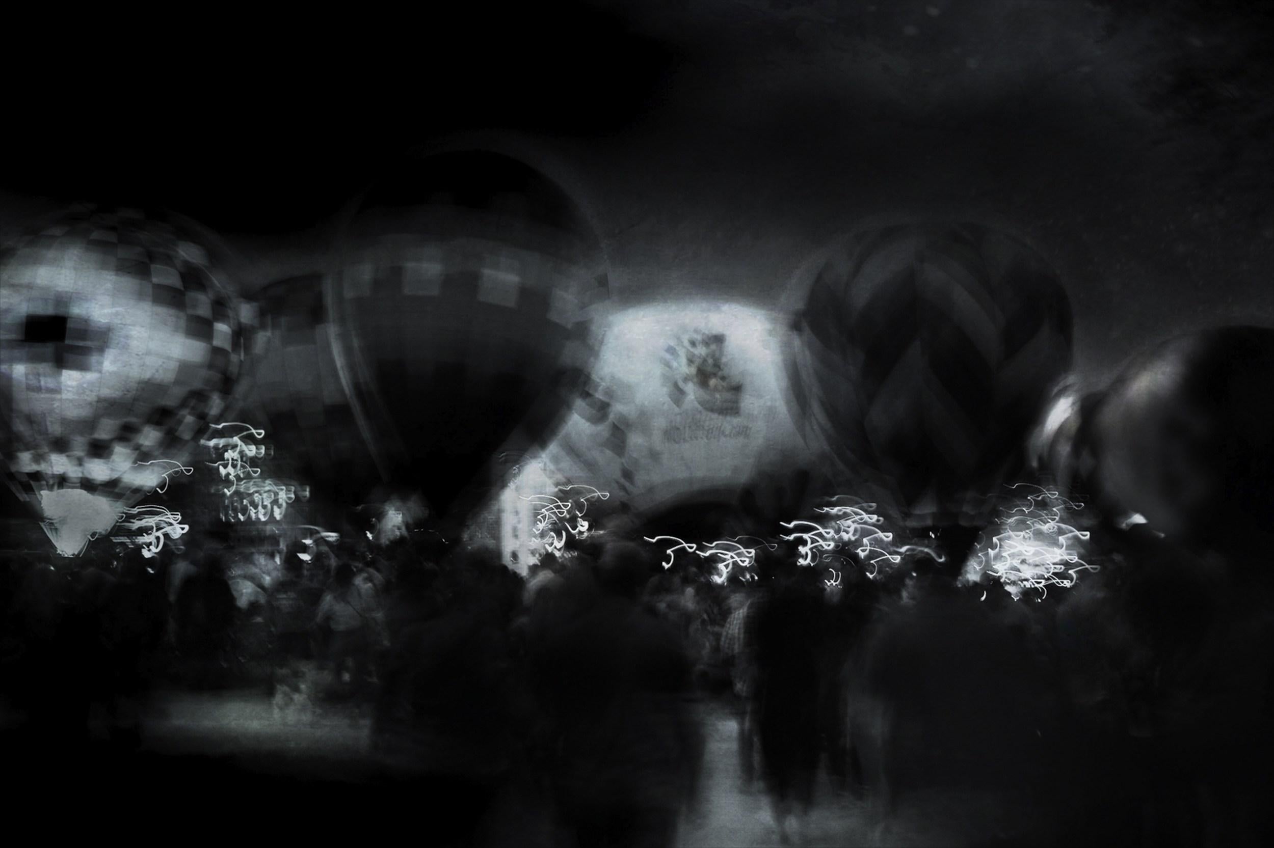Jeffrey Tamblyn Abstract Photograph - Promenade BNW (black and white, hot air balloon, surreal landscape, motion blur)
