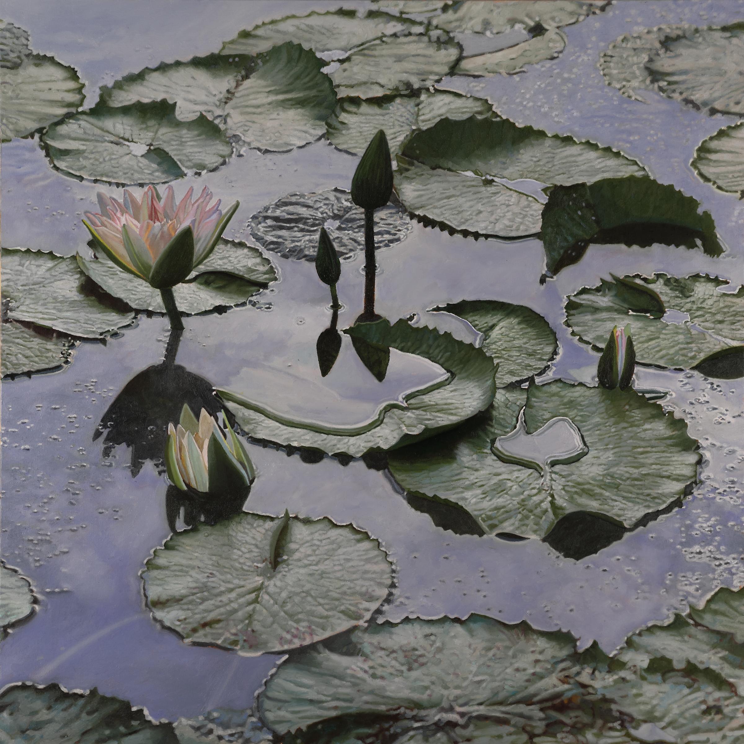 „Lilies After the Rain“, fotorealistisches Ölgemälde auf Leinwand, gerahmt in Kiefernholz
