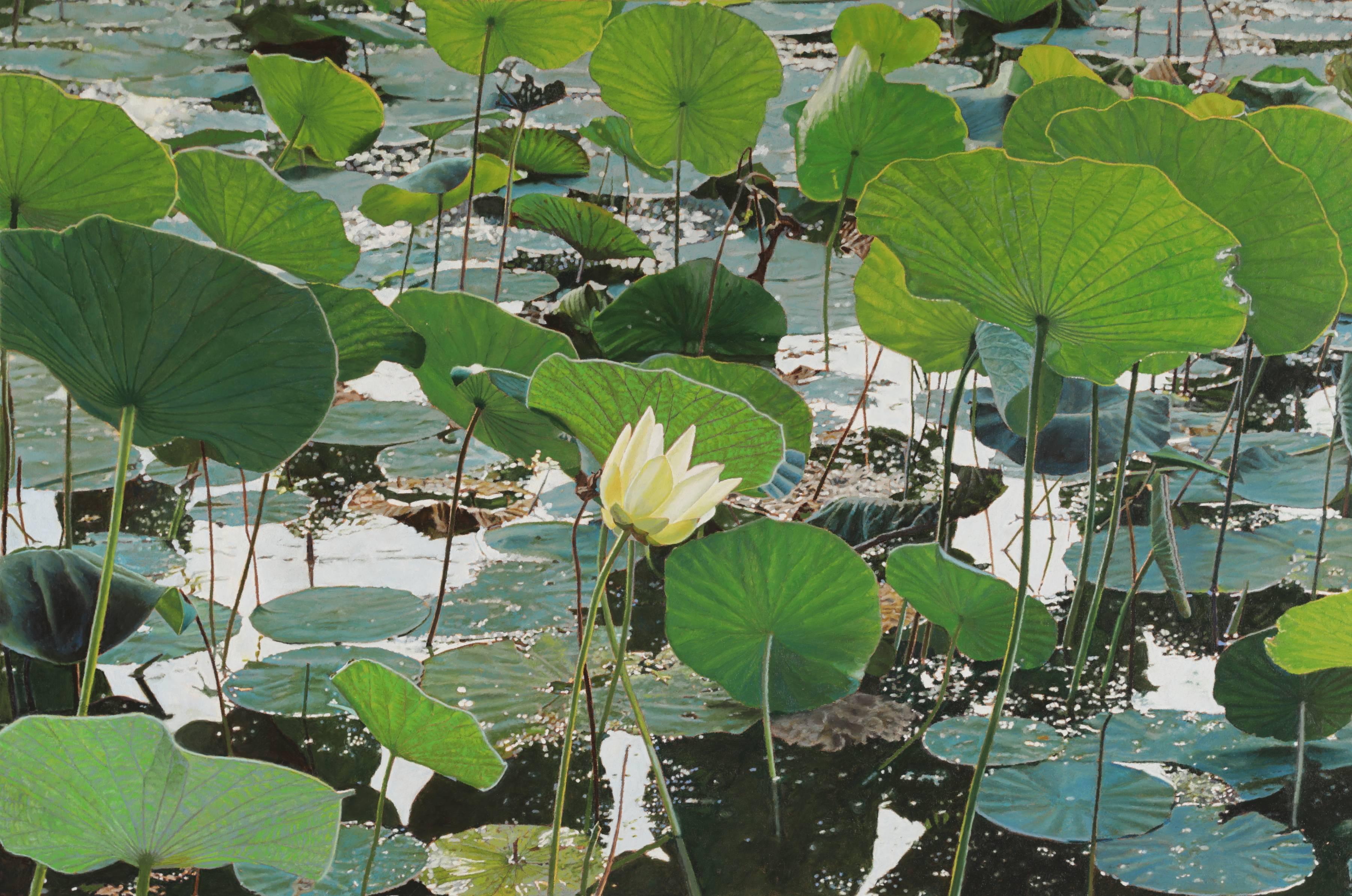 Jeffrey Vaughn Landscape Painting - "Lotus Flower", Contemporary Framed Photorealistic Oil Painting on Canvas