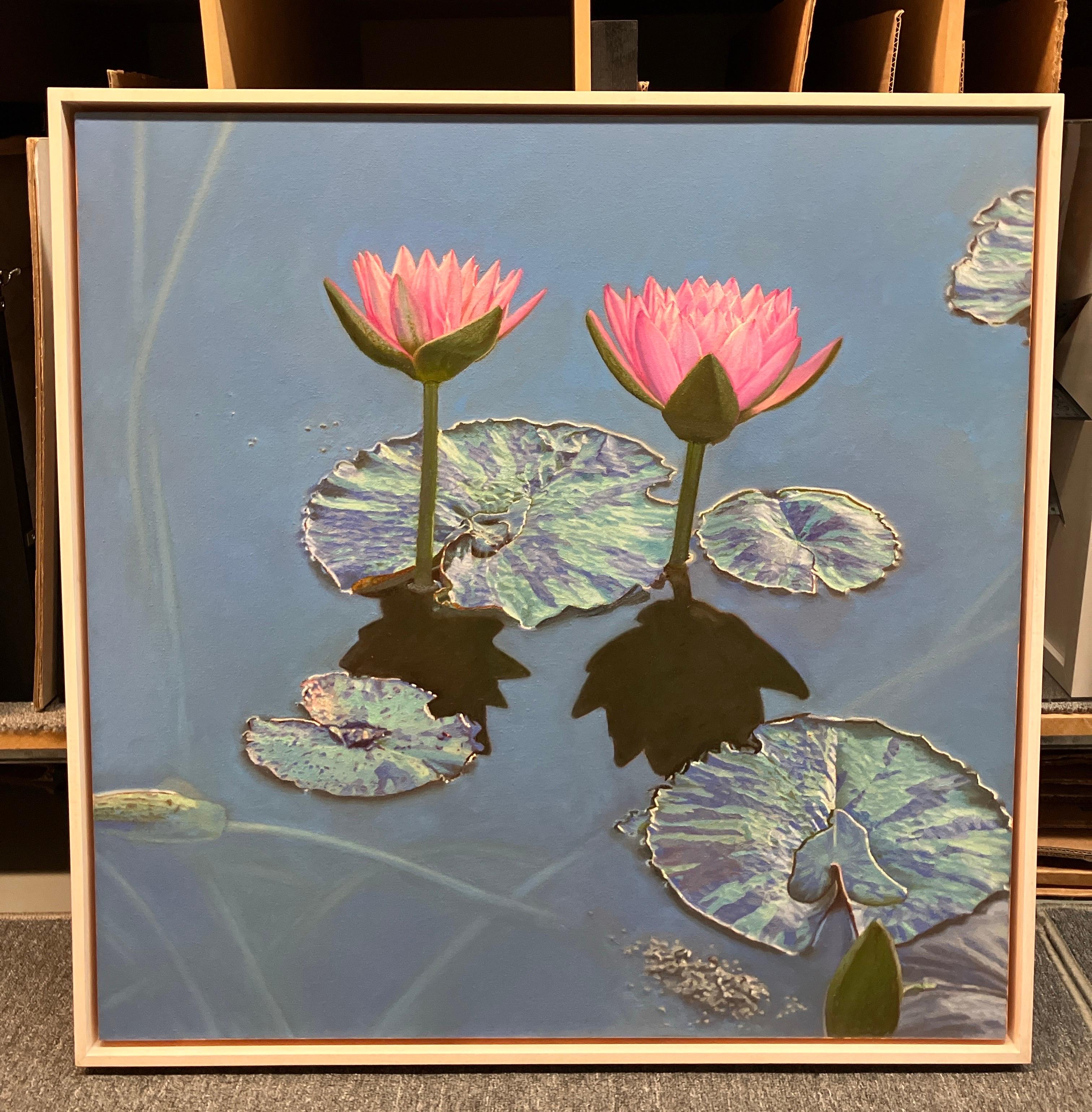 Fotorealistisches Ölgemälde, Gerahmte Leinwand, Rosa Lilien, Wasser, Jeffrey Vaughn im Angebot 1
