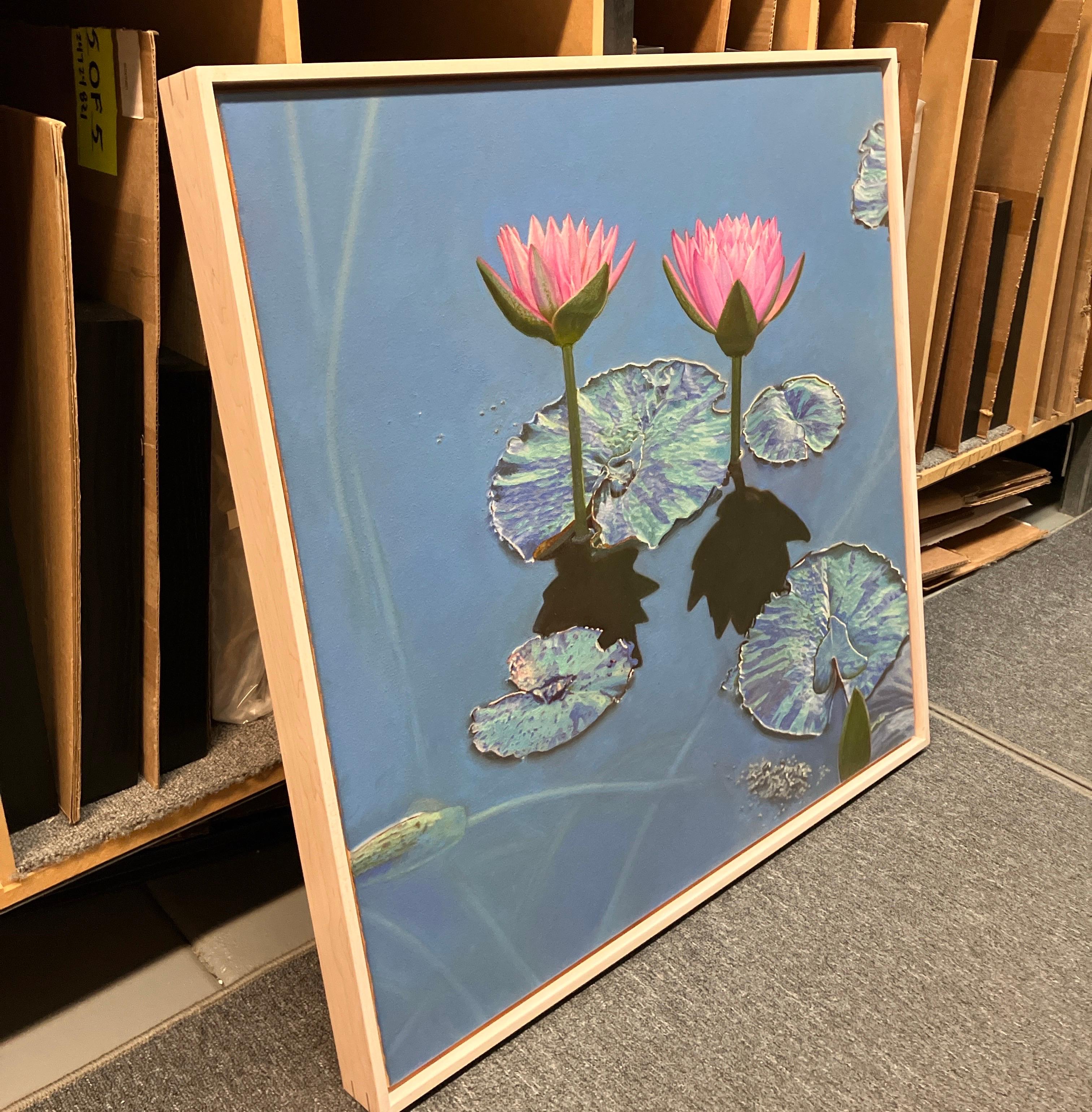 Fotorealistisches Ölgemälde, Gerahmte Leinwand, Rosa Lilien, Wasser, Jeffrey Vaughn im Angebot 4
