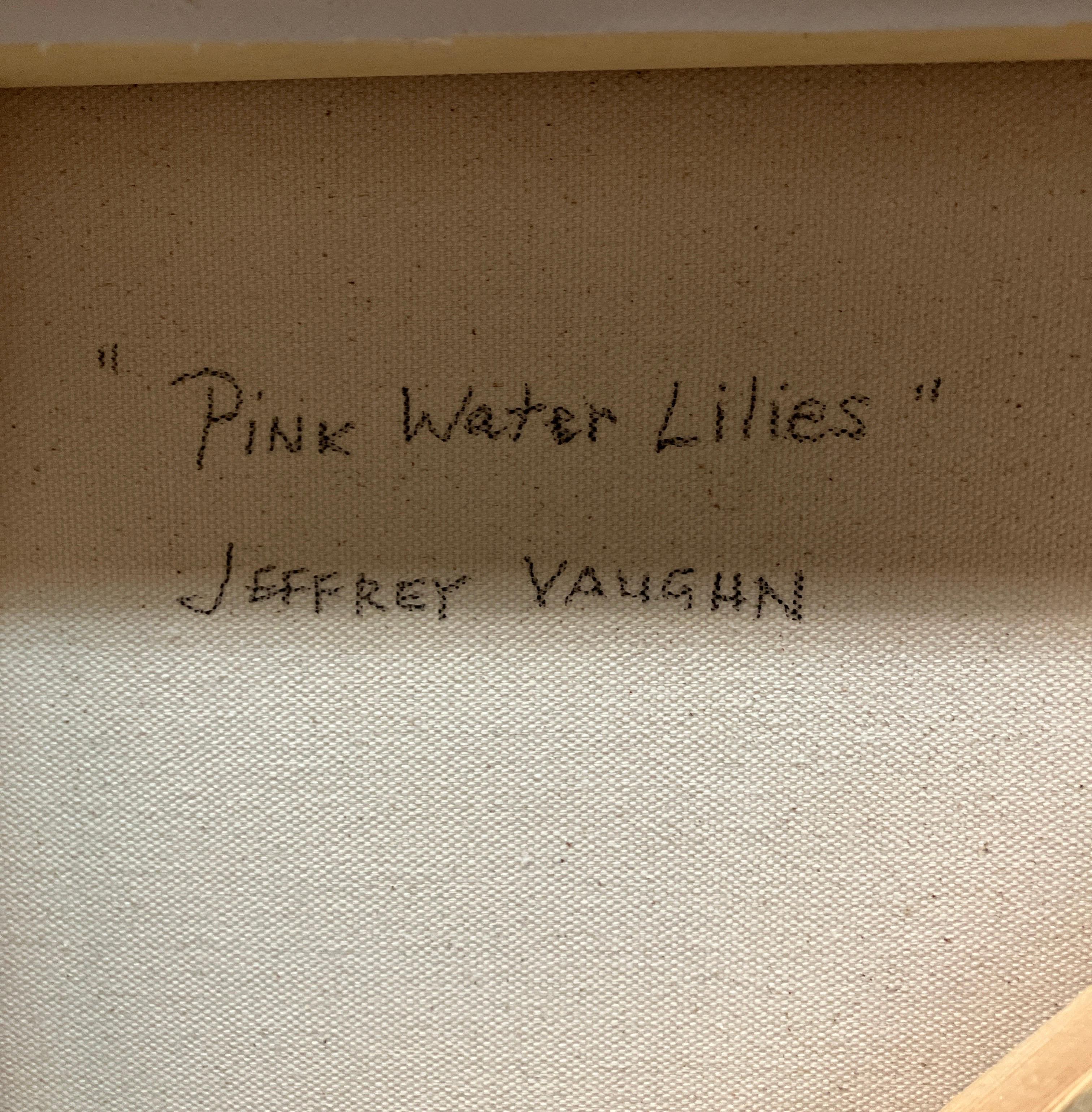 Fotorealistisches Ölgemälde, Gerahmte Leinwand, Rosa Lilien, Wasser, Jeffrey Vaughn im Angebot 6
