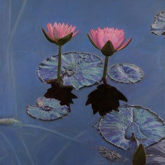 Photorealistic Oil Painting, Framed Canvas, Pink Lilies, Water, Jeffrey Vaughn